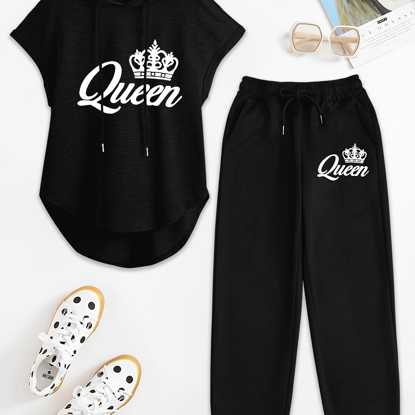 TEMU Summer Outfit For Women Featuring A Sleeveless Hooded Top With Drawstring And Letter Print, With Casual Elastic Waist Pants