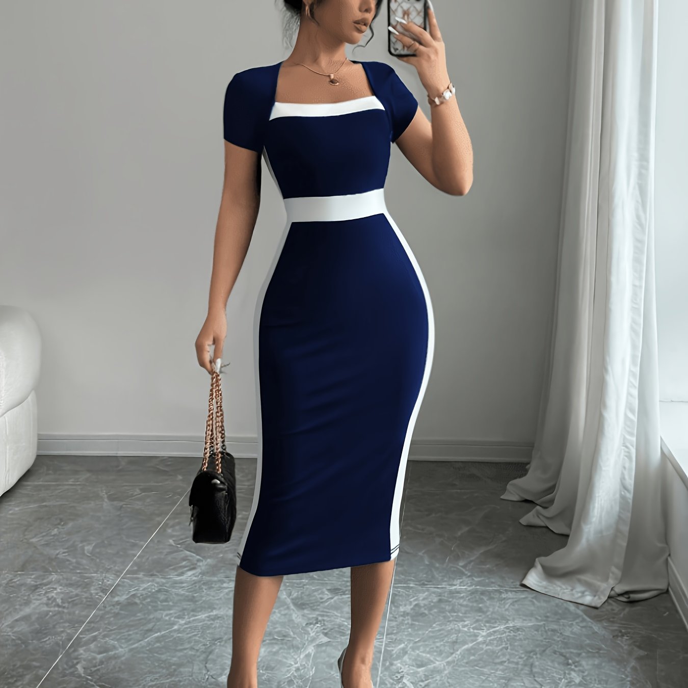 TEMU Vestido midi elegante de bloques de color con cuello cuadrado y manga corta para mujer, ajustado de cintura para trabajo, oficina y