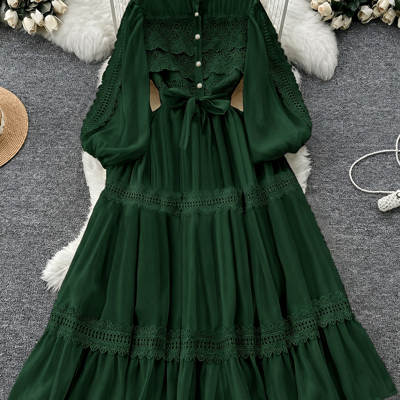 TEMU Robe de cour vintage française pour femme à manches lanternes - Robe à col à baleines pour , fêtes, événements printemps/été, robe de style
