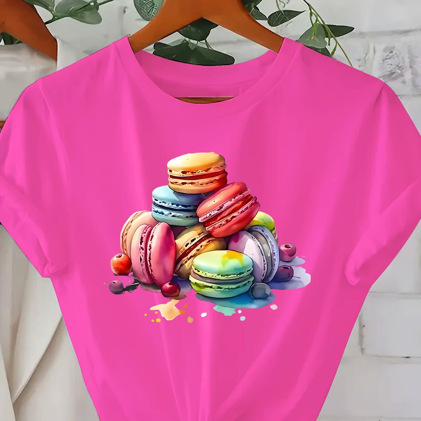 TEMU 1pc Women's Elegant Short Sleeve T-shirt With Vibrant Macaron & Fruit Geometric Print, Soft Round Neck Casual Top, Machine Washable For Casual