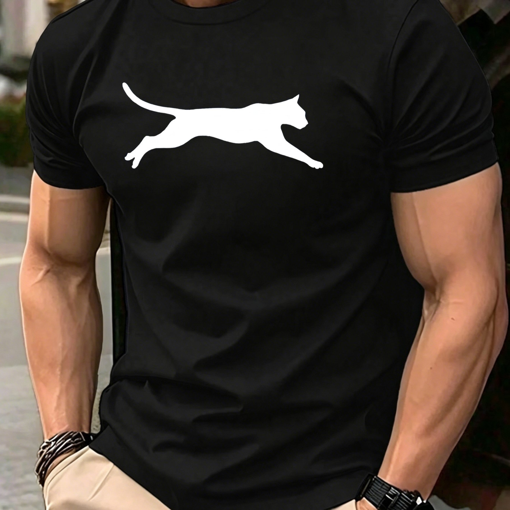 Image of Men's Short Sleeve T-shirt Minimalist Jumping Animal Silhouette Print -friendly Fabric Machine Washable And For Daily Casual Wear, Plus Size