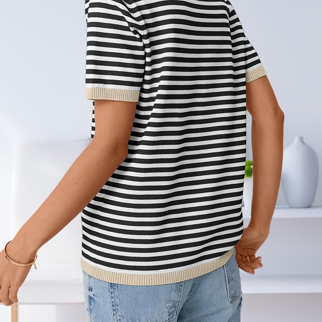 E-shop 2025 Damen Streifen Kurzarm Pullover Rundhals Shirt Top mit Brusttasche