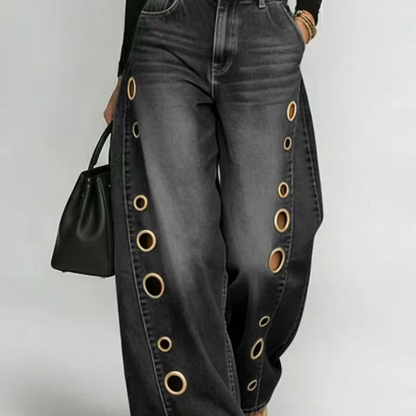 Image of Women's High-waisted Wide-leg Jeans, Eyelet Washed , Y2k Retro Casual Loose Pants, Suitable For Daily Wear And Casual