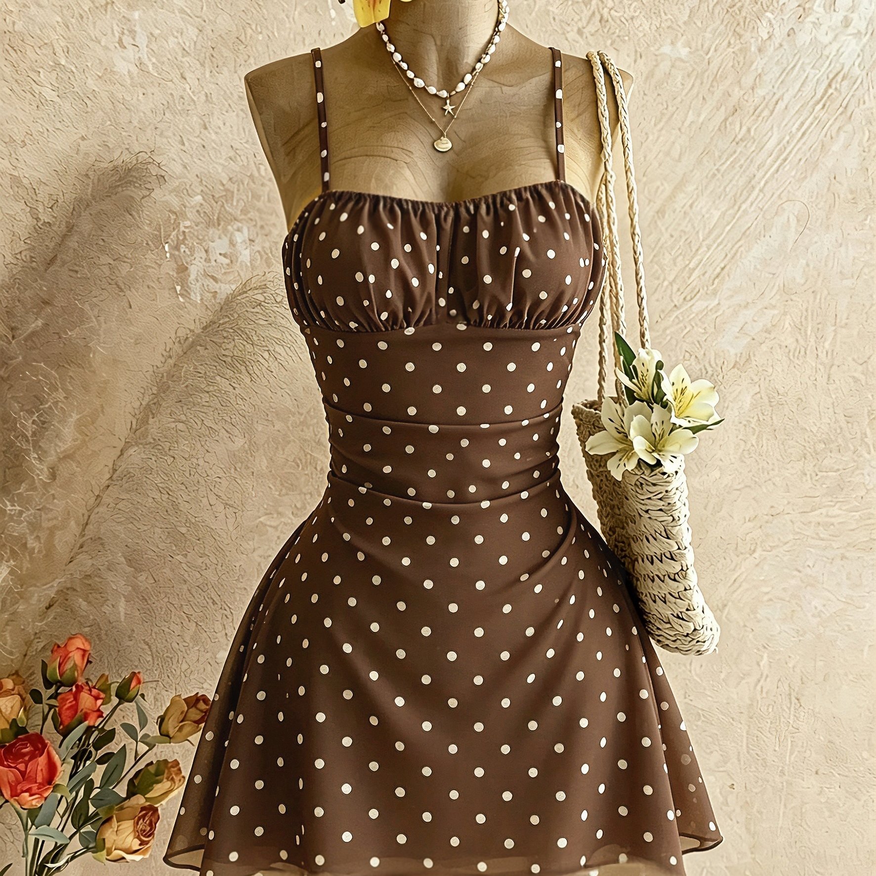 TEMU 2026 Spring/summer New Polka Dot Spaghetti Suspender Dress For Women, Waist-cinching A-line Mini Skirt, Beach , Hot Outfit