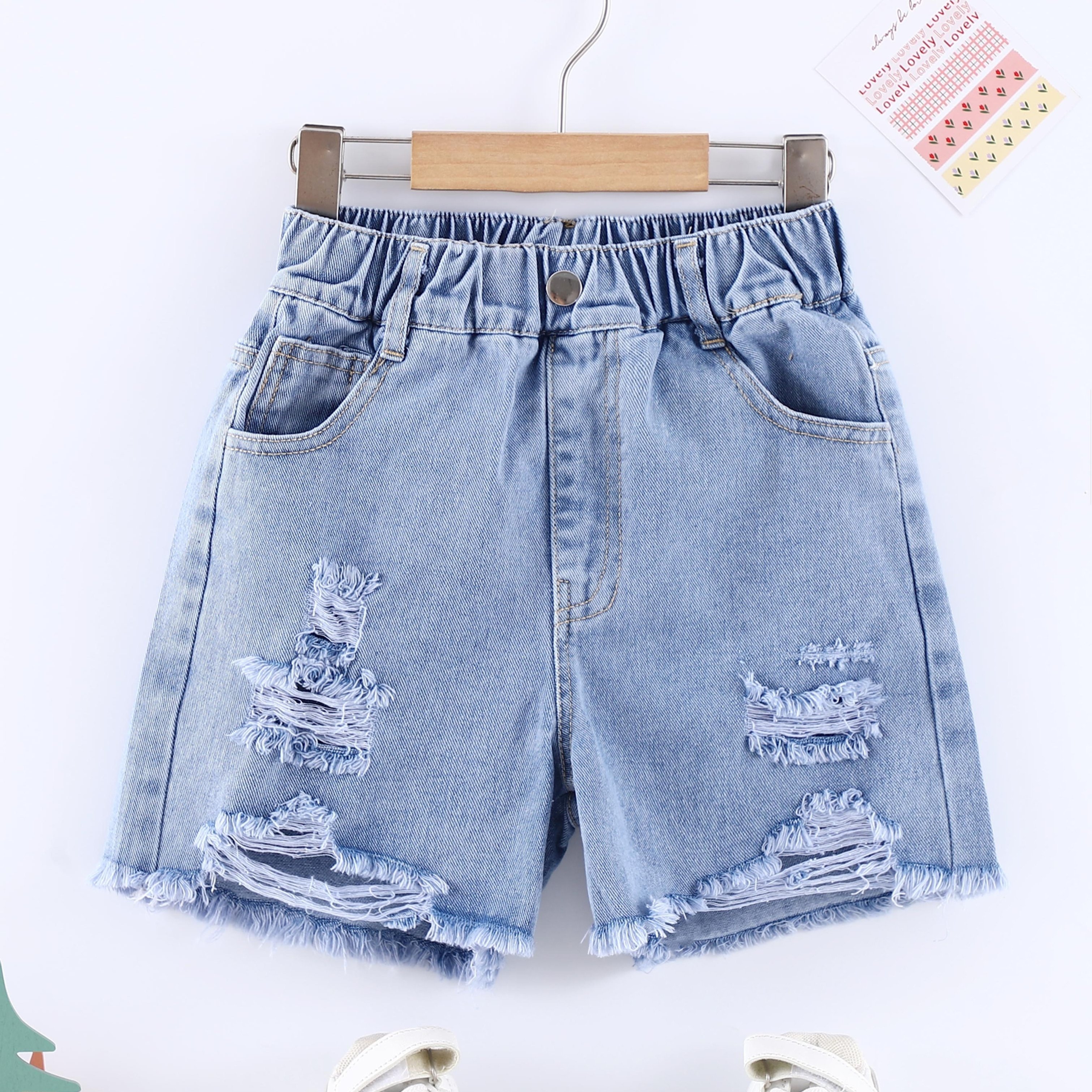 TEMU 【女の子向け】おしゃれなフェイクデニムのショートスカート＆ショートパンツセット。春夏に最適。ゴムウエスト、起毛加工＆穴あきデコレーション。肌に優しい生地で通気性と快適さに優れ、外出やストリートウェアに最適。