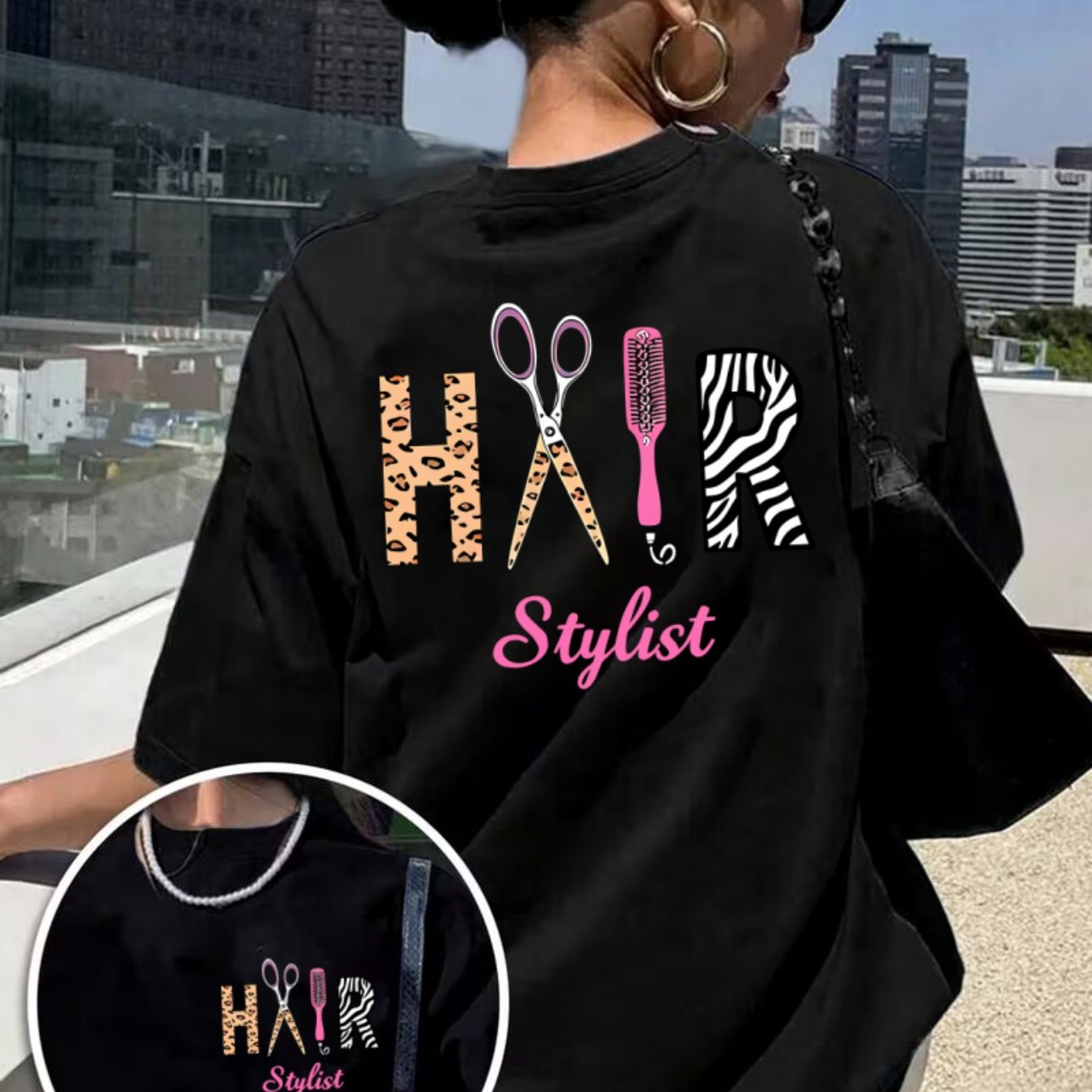 TEMU T-shirt da parrucchiera da donna - Maglietta da stilista con stampa leopardata, forbici e , uniforme per addetta a salone, maglia casual a a