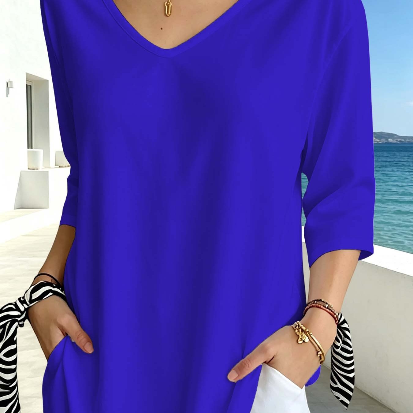 TEMU Royal Blue V-neck Three-quarter Sleeve Women's T-shirt, Solid Color Loose Casual Pullover