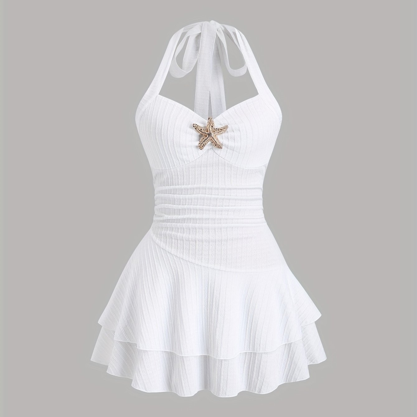 E-shop Damen Elegantes Texturiertes Stoff Halterneck Mini-Kleid mit Geraffter Büste, Metallakzenten Doppelter Rüschensaum für Frühlings-Sommer