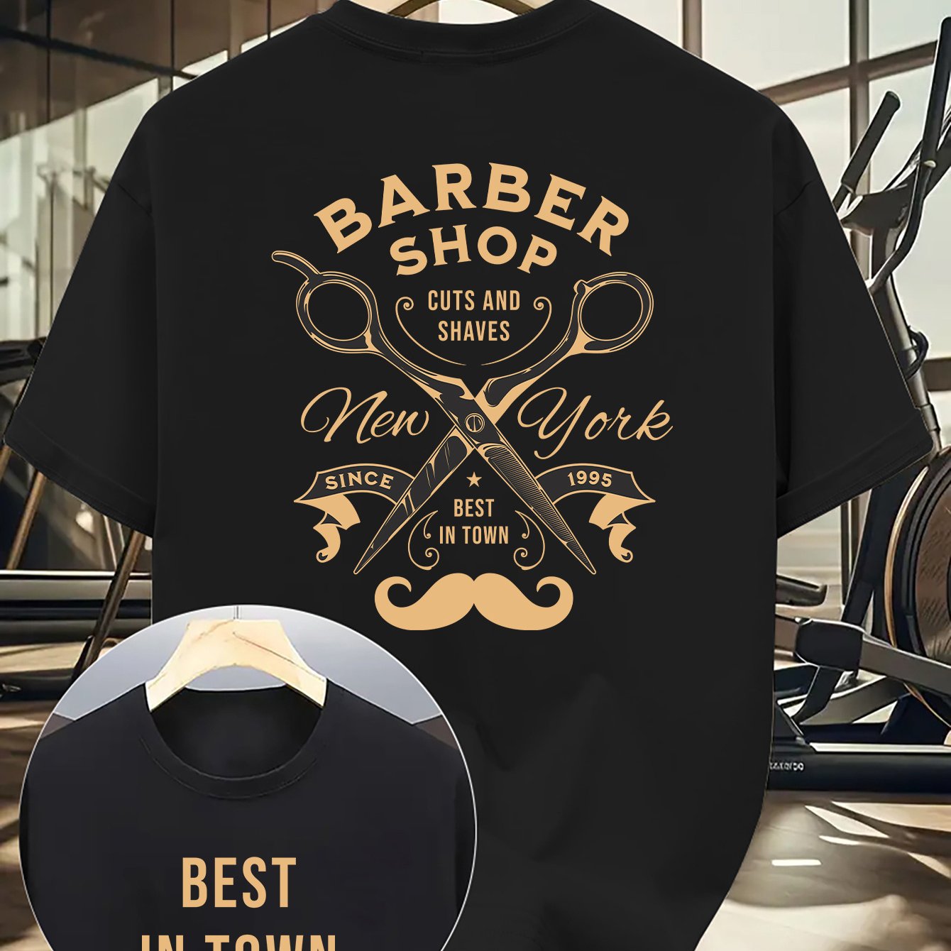 TEMU Men's Casual Short Sleeve T-shirt With Unique Barber Shop Print - Regular Fit, Stretch, Round Neck, Wear, Green With Golden Lettering, Everyday