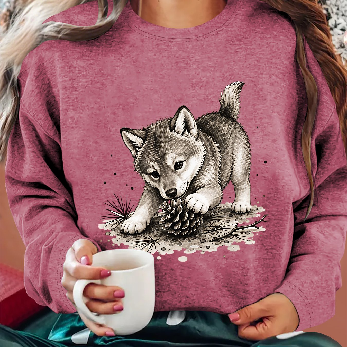 TEMU [2026 Women's Refresh] Plus Size Autumn Clothing, Little Printed Round Neck Long Sleeve T-shirt, Inner And Outer Wear, Sports Casual Fitness,