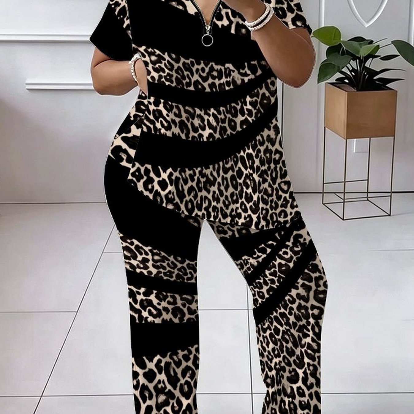 Image of Plus Size - Women's Suit, Plus-size Women's Suit, Full-body Leopard Print, Casual Party, Comfortable Material, Stylish Short-sleeve Top, Comfortable And Breathable Pants Set