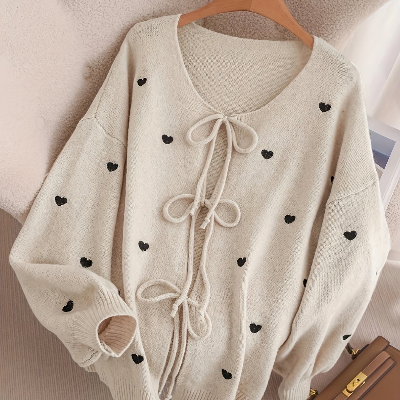 Women's Long Sleeve Open Front Tie Cardigan With Color Block And Small Heart Pattern