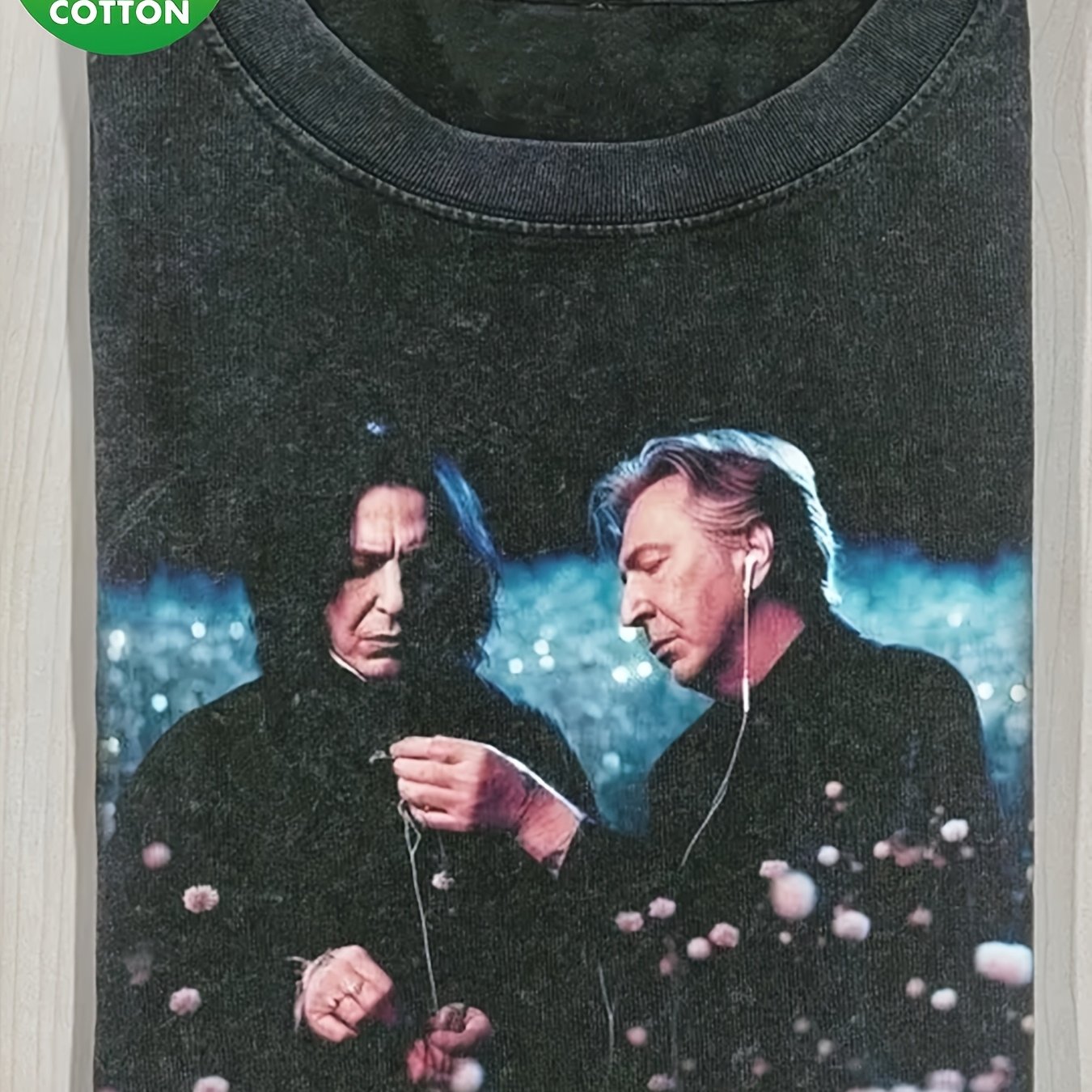 Image of Severus Snape Lucius With Headphones Meme Washed Men's T-shirt, 230g Pure, Men's Summer Clothing, Vintage Distressed Style, Men's Gift, Casual Outing And Vacation