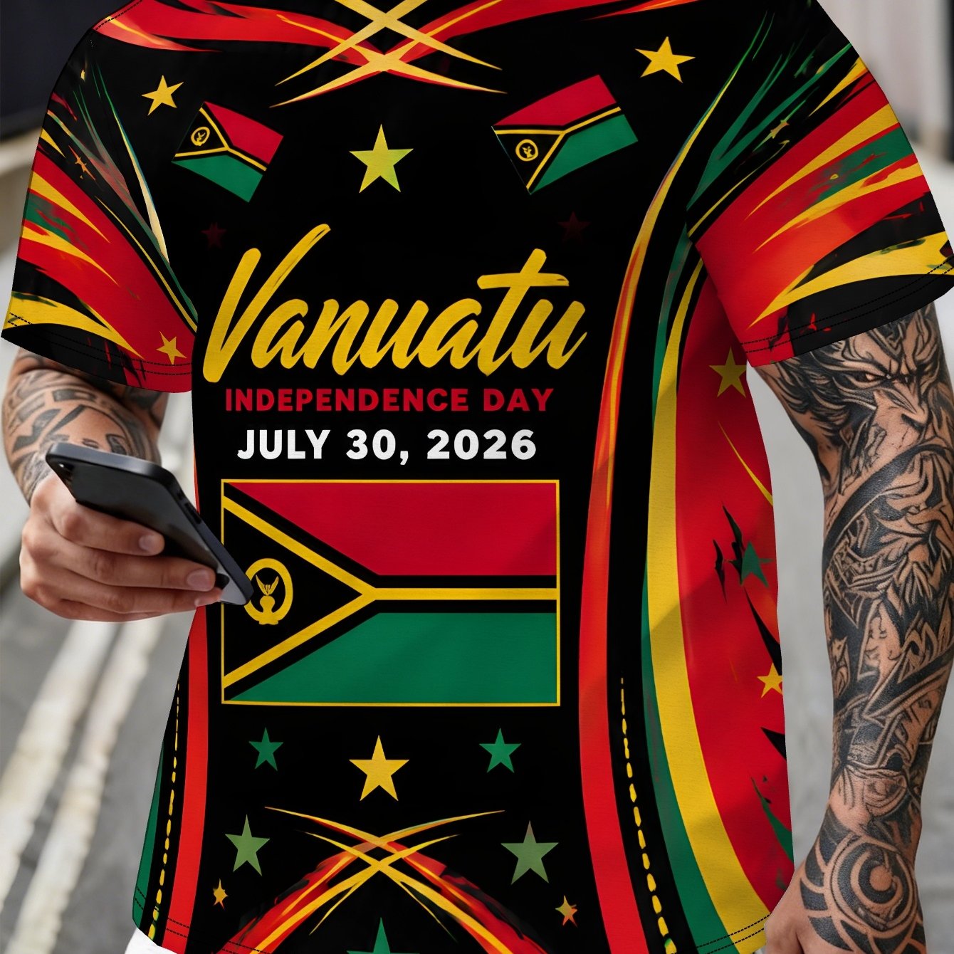 TEMU Vanuatu Independence Men's Casual Graphic Print Short Sleeve T-shirt, Round Neck, Comfortable & Breathable, Fashionable For Summer Beach,