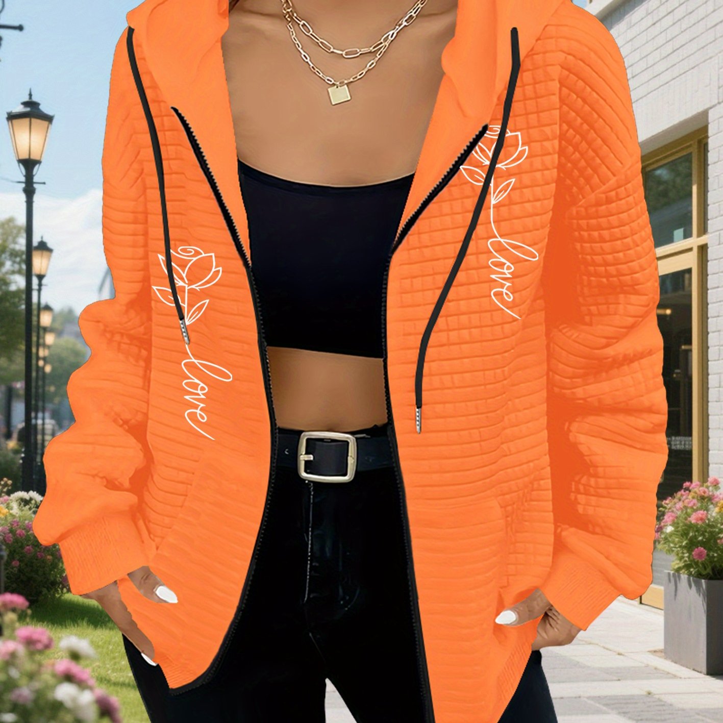 TEMU A Women's Casual Zip-up Hoodie With A Rose Pattern Print, Featuring A Waffle Design And Drawstring - Made Of, Machine Washable, With A Geometric