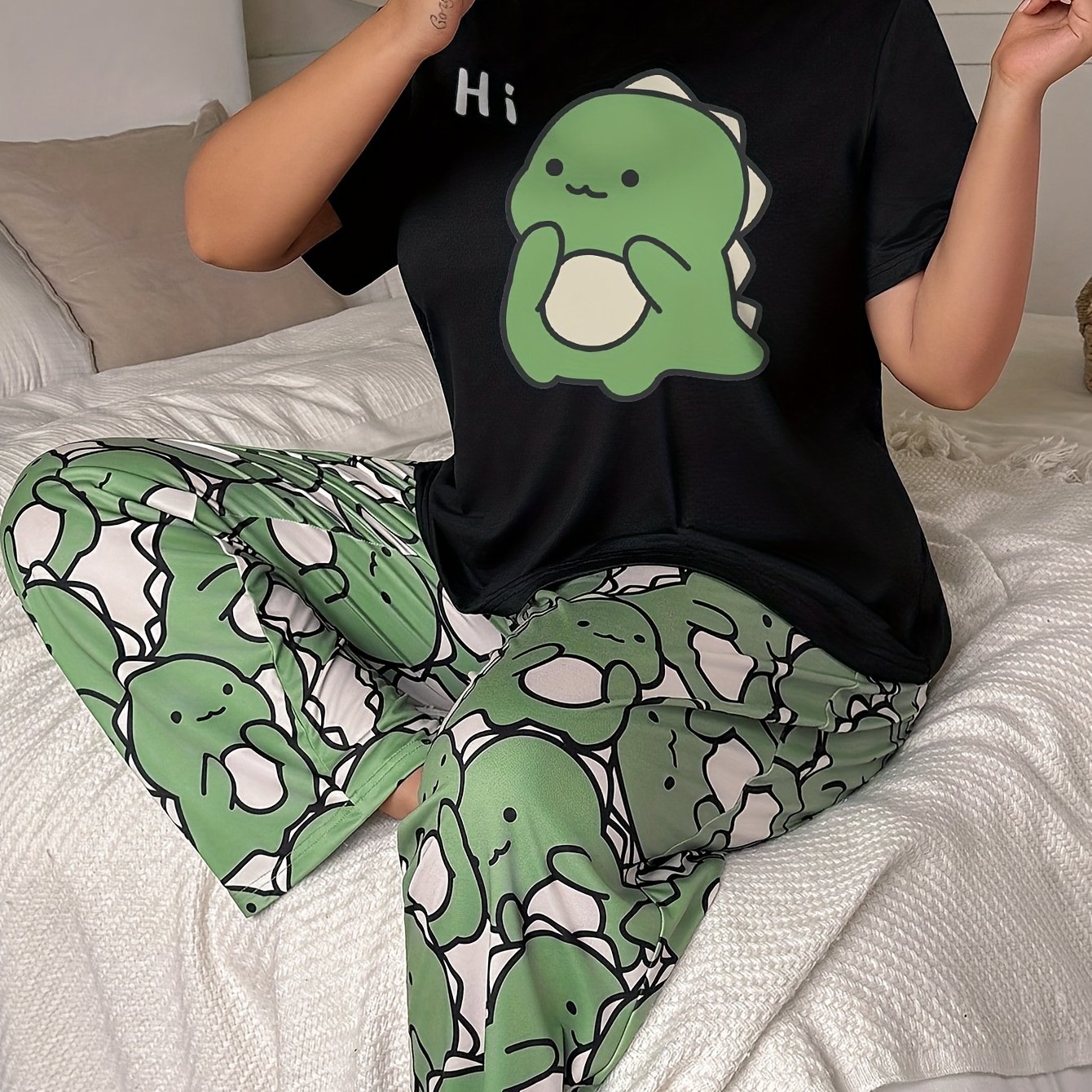 Image of Plus Size Women's Pajamas With Cute Cartoon Dinosaur Print Loungewear Set