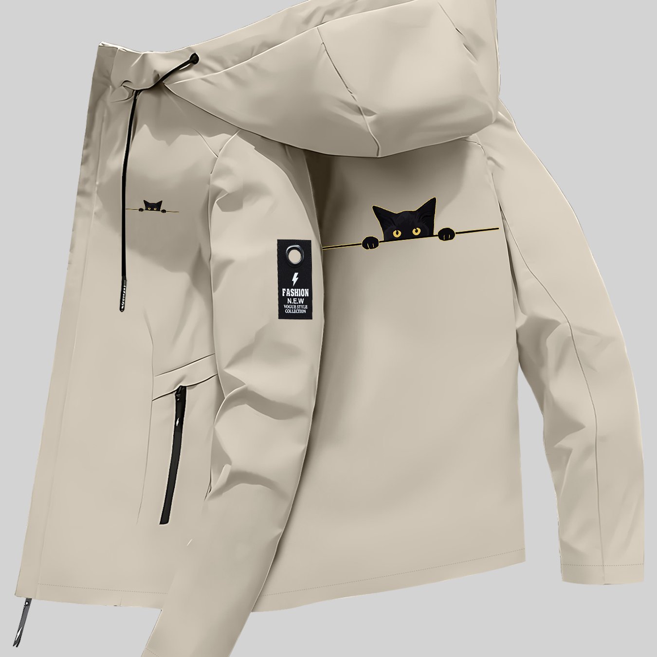TEMU And Autumn Couple's Windbreakers With Black Cat Prints, Jackets For Outdoor Climbing, Suitable For Men And Women
