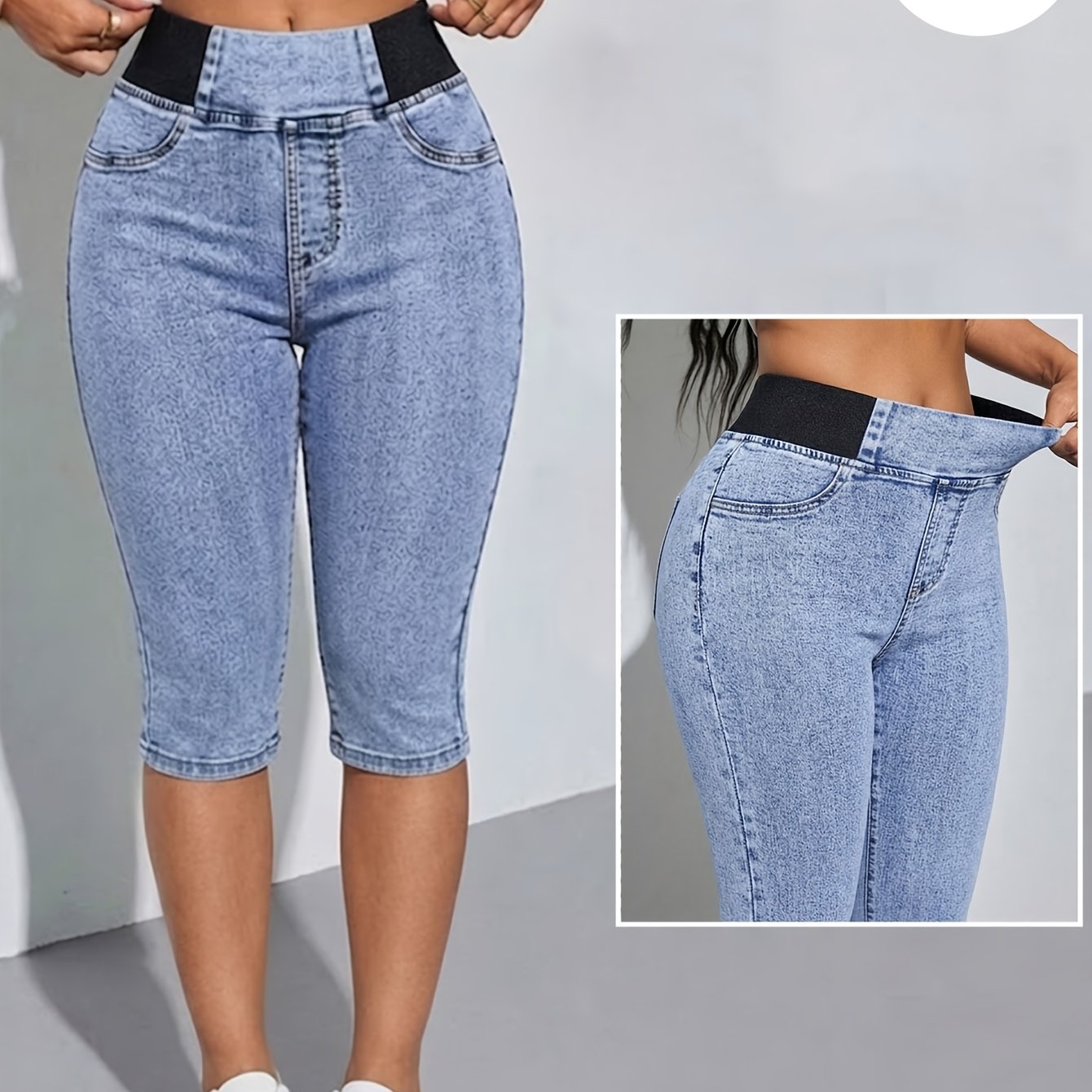 Image of Y2k High-waist Stretch Skinny Jeans Women's - Solid Washed Elastic Waist Comfortable Jeans, Retro Street Style Capri Pants