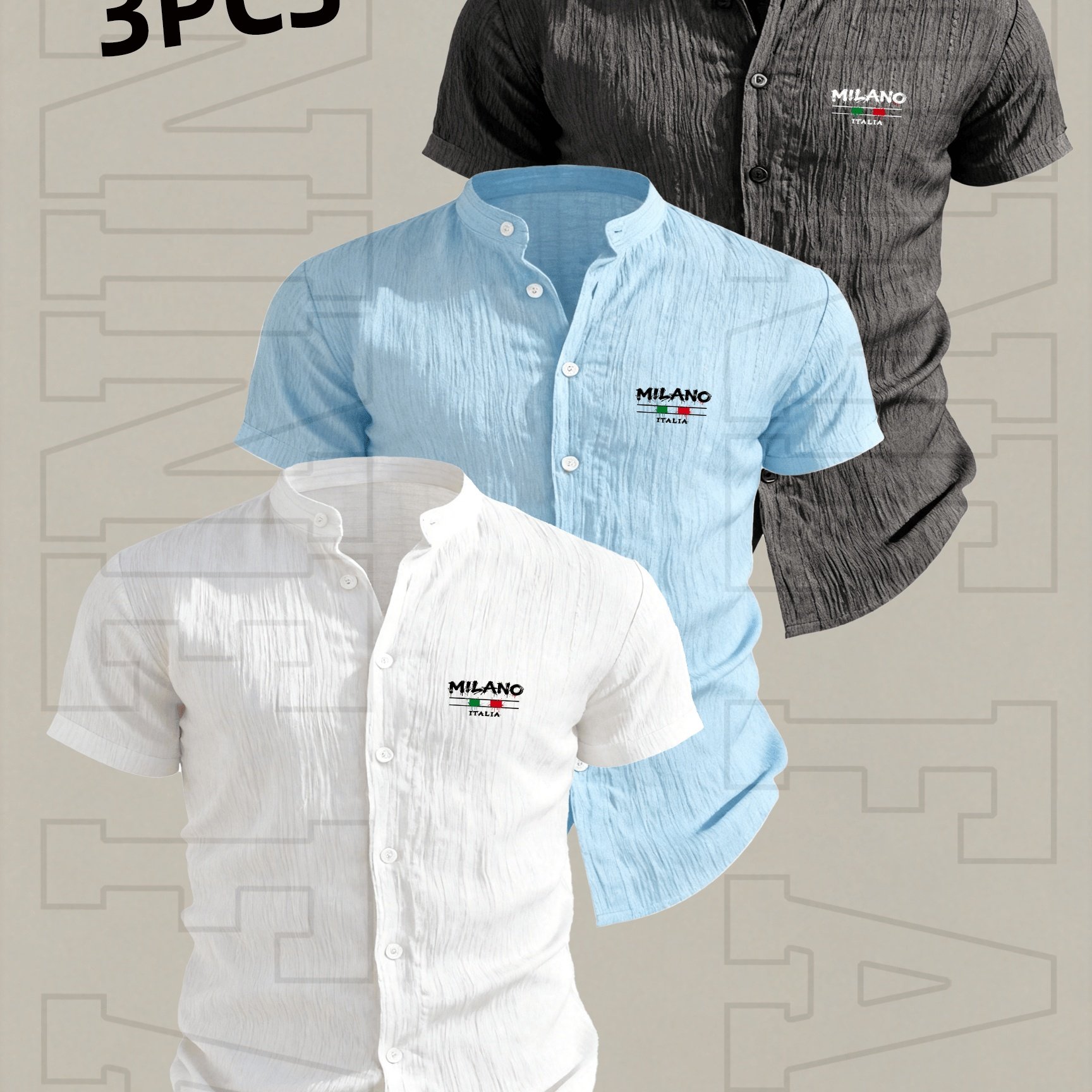 TEMU [qiaoximei Obm] 3pcs Set, Men's Summer Short Sleeve Shirts - Lightweight Breathable Patterned Cardigan-style Shirts With Stand Collar, Suitable