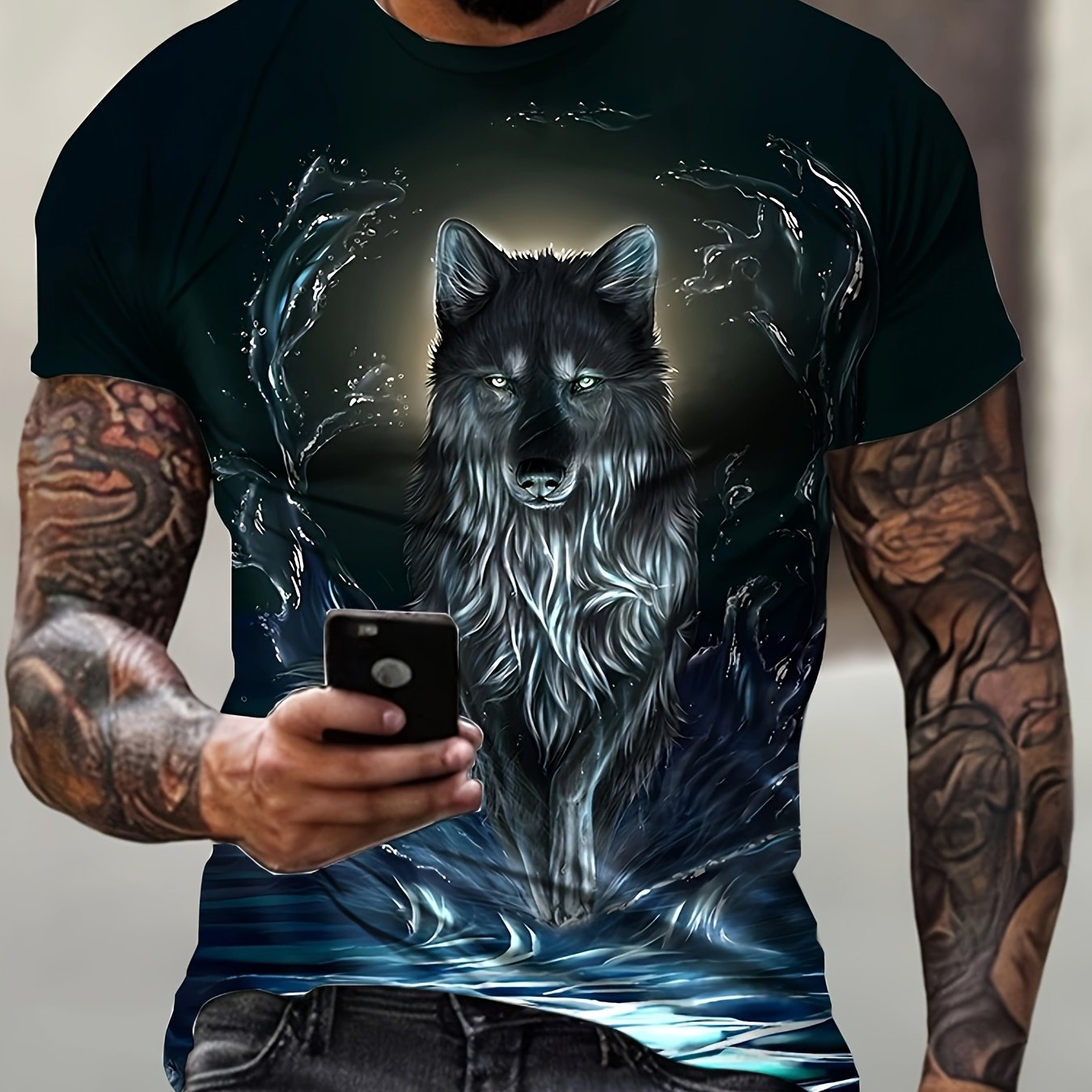 Image of Fashionable Men's 3d Print Round Neck T-shirt – Soft Breathable Fiber Fabric Animal Wolf Pc Graphic Tee, Casual Attire