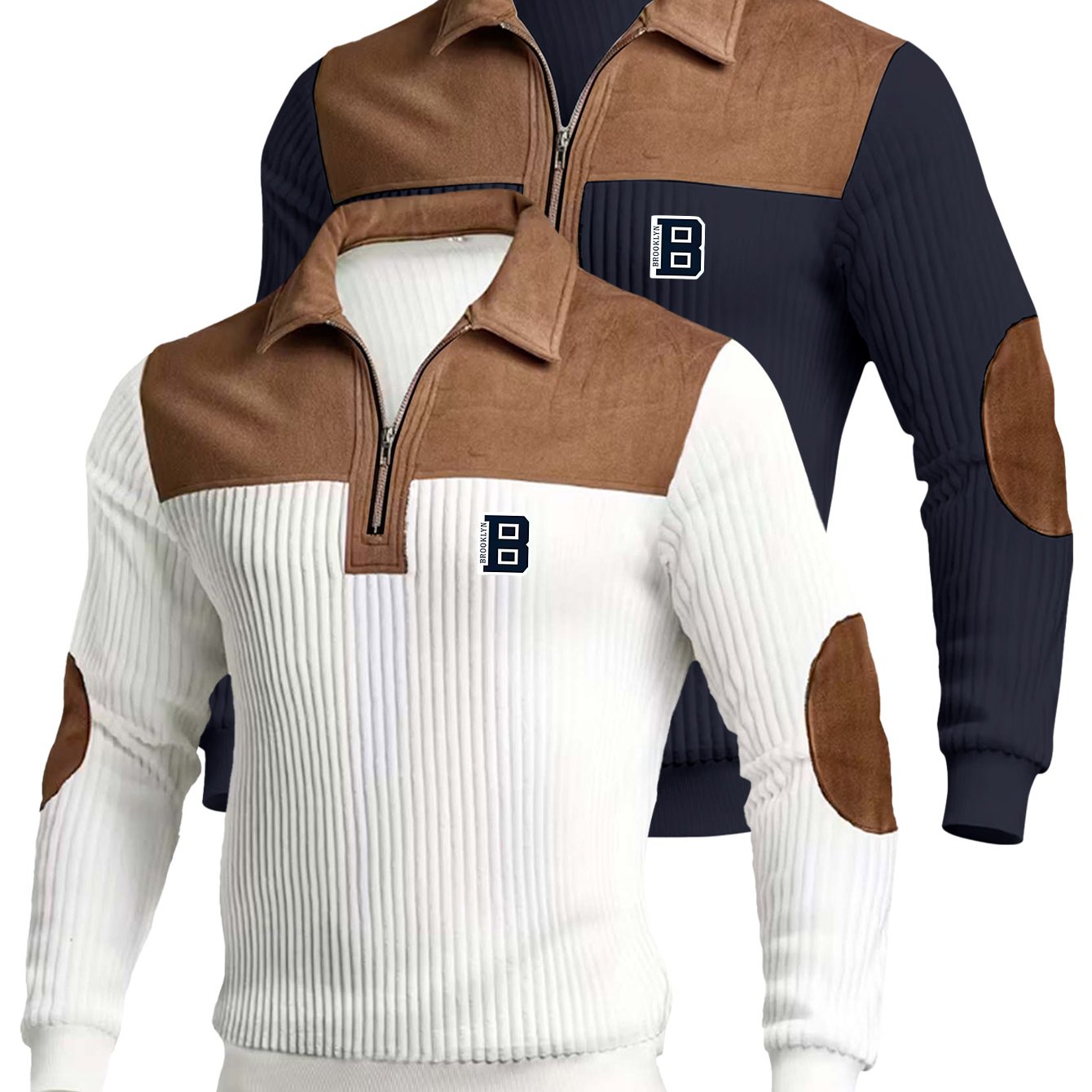 TEMU Christmas Men's Gift: Set Of 's Fashionable Casual Ribbed Cable Knit Spliced Brown Versatile Shirts, Suitable For Daily Commuting, Holiday ,
