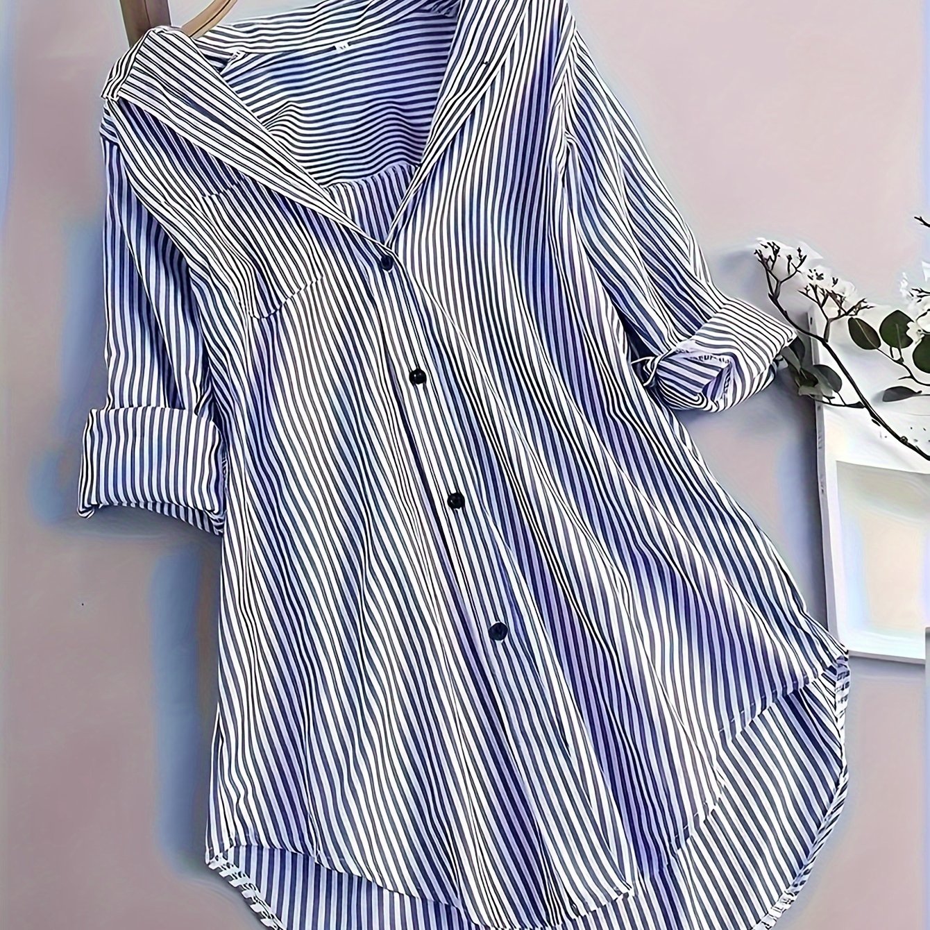 Women's Casual Striped Long Sleeve Button-up Shirt - Polyester, Machine Washable, Non-stretch Fabric