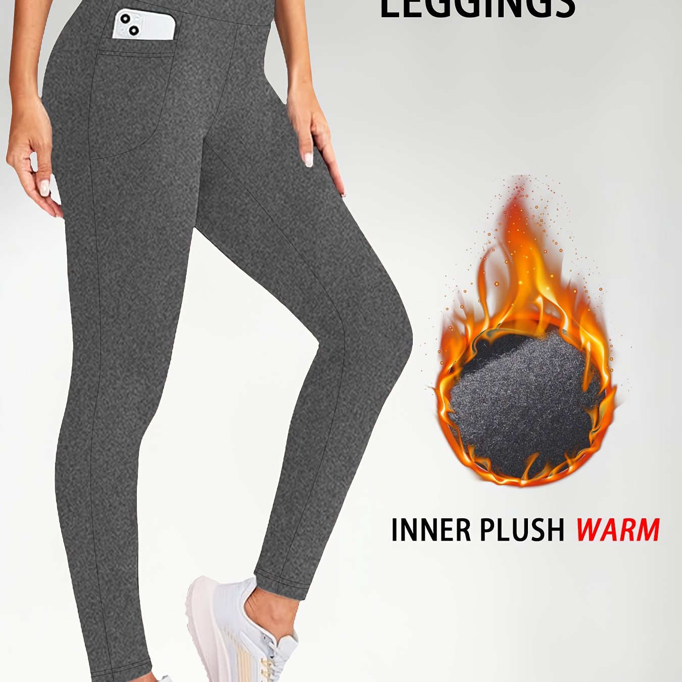 TEMU Leggings Femme Haute Taille Doublés en Polaire avec Poches, Pantalons Épais et Chauds pour Hiver, Yoga, Course à Pied, Doux et Confortables