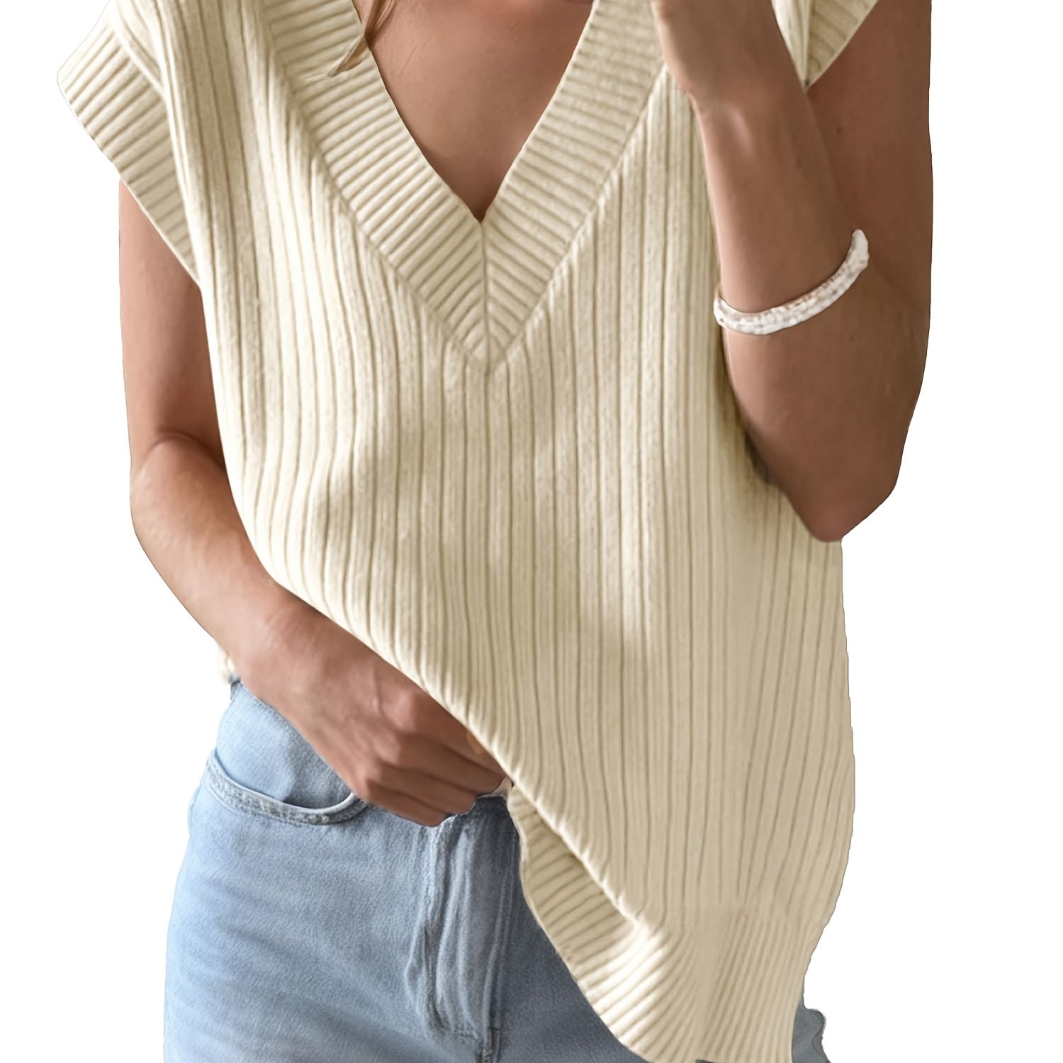Image of Women's V-neck Sweater, Sweater Jumpsuit, Sleeveless Casual Sweater. Fashionable Summer Ribbed Pullover Vest