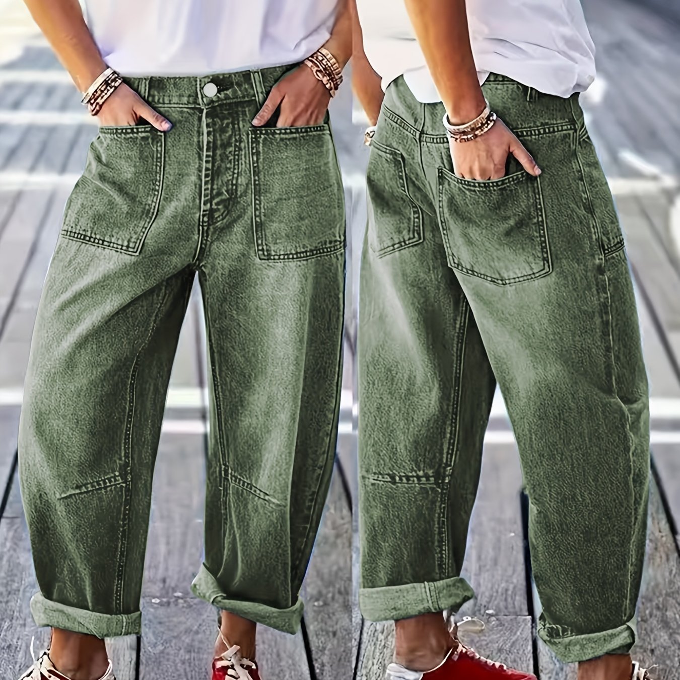 Image of Women's Plus Size 2026 Wide-leg Solid Color Cropped Jeans, Green Washed Roll-up Hem Casual Pants With Pockets, Front Panel Boyfriend Style, Streetwear Clothing, Suitable For Work, Shopping, Wear
