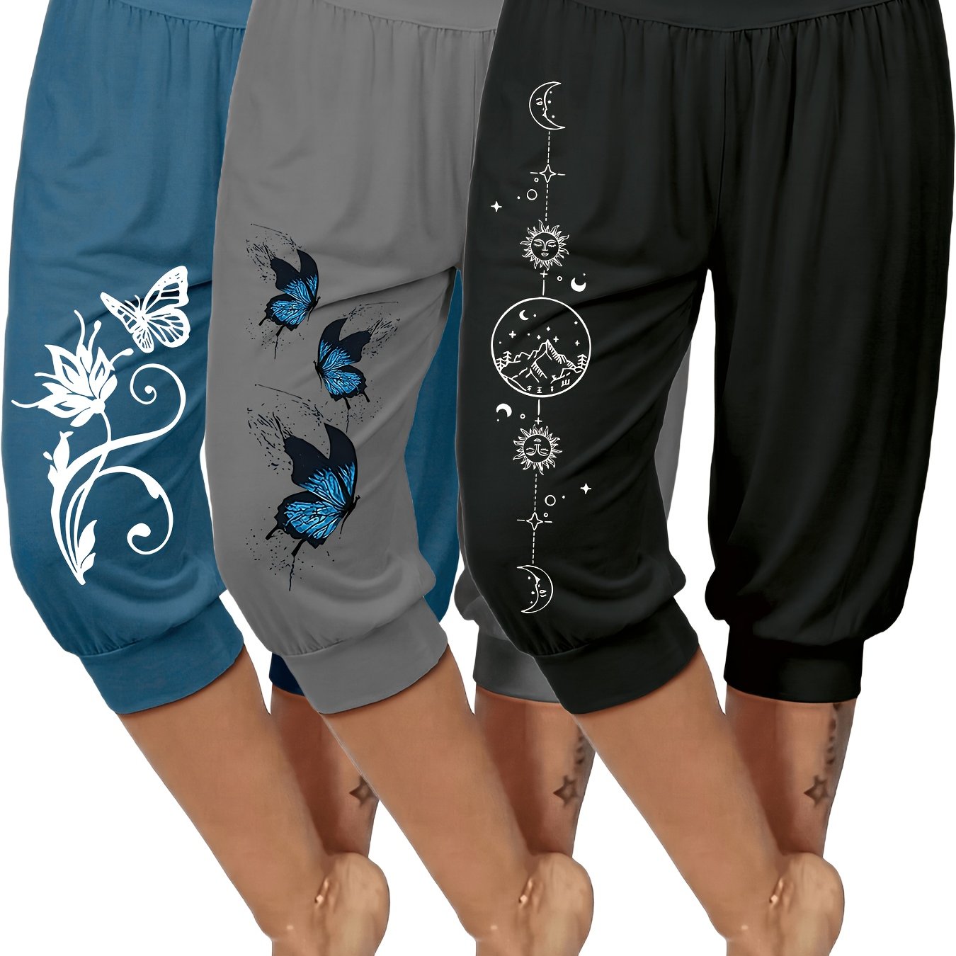 Image of 3pcs Pack Women's Size Fashion Printed Harem Capri Pants, Comfortable High-waist Mid-stretch Running Yoga Capri