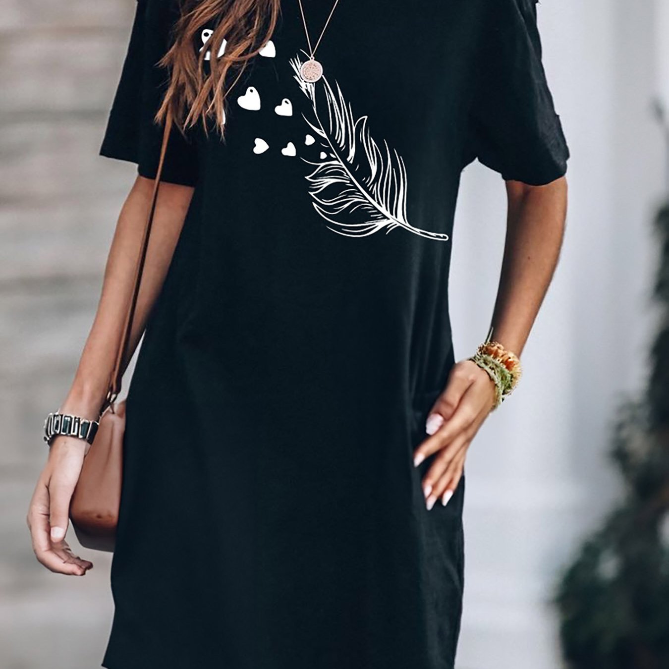 Graphic Print Crew Neck Tee Dress, Casual Short Sleeve Dress For , Women's Clothing