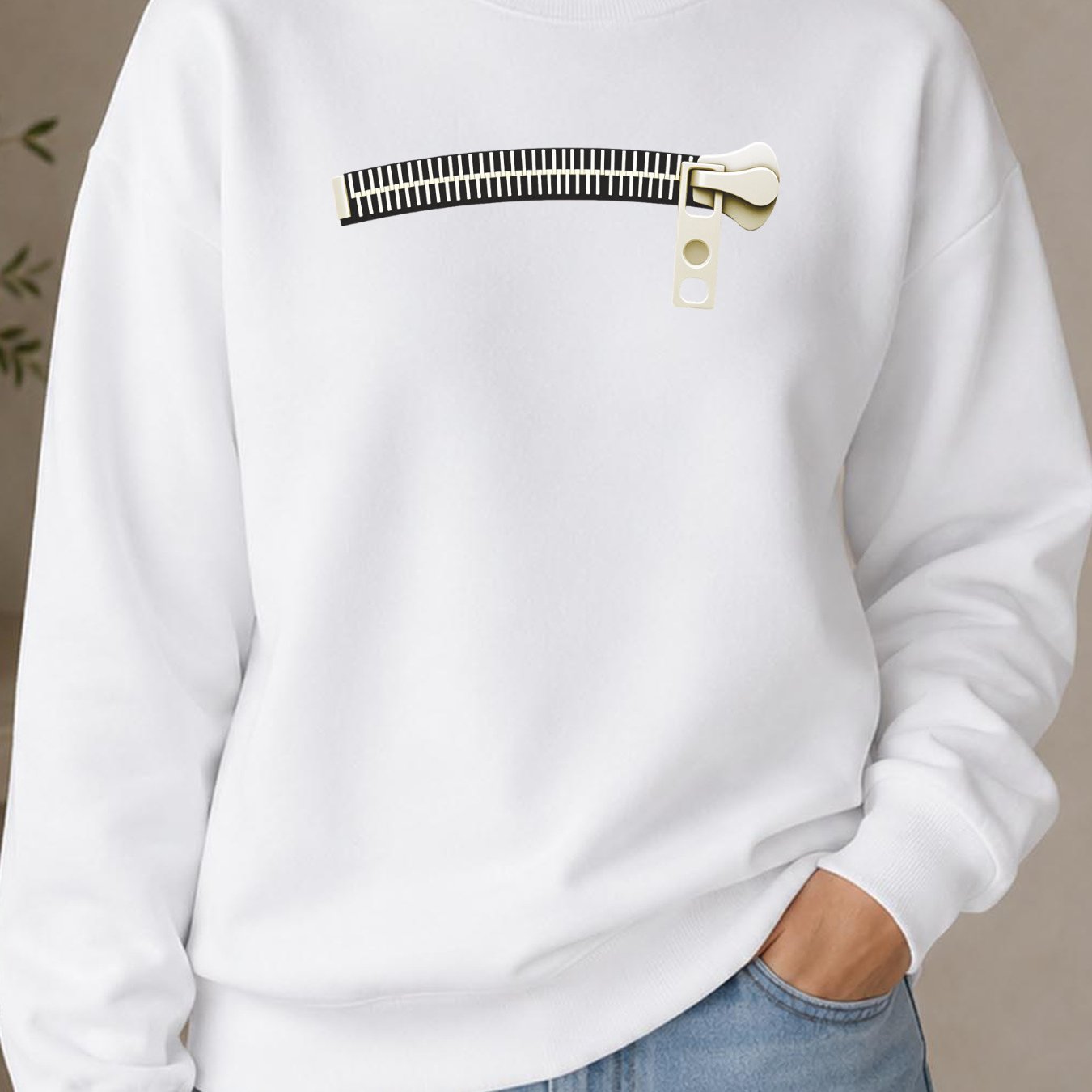 Image of Y2k Women's Pullover Hoodie With Zipper Print, White Casual Long Sleeve Crew Neck, Relaxed Fit, Minimalist Streetwear, Machine Washable, Local Stock
