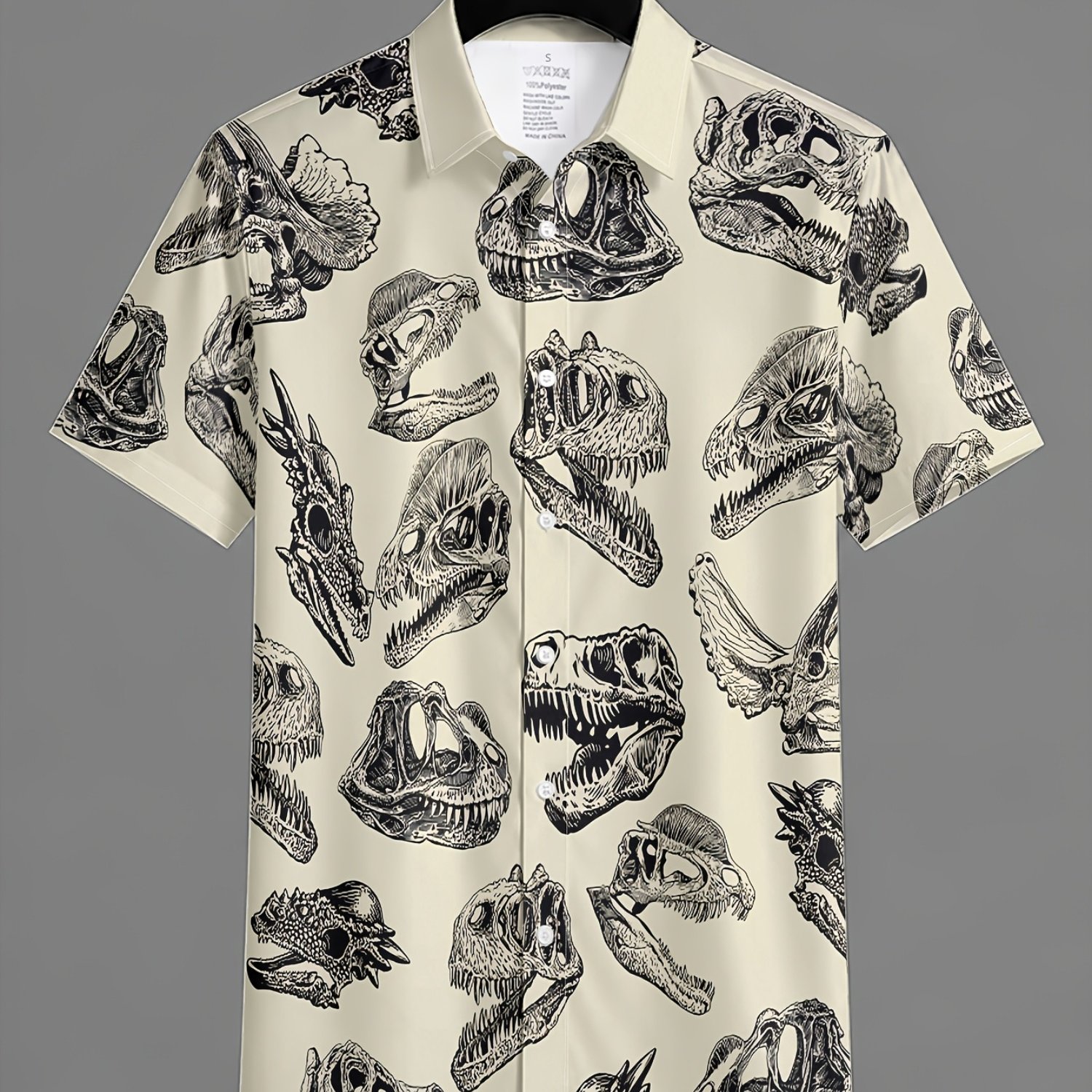TEMU Men's Fashion Short Sleeve Shirt | Retro Dinosaur Skeleton Print, Casual Weekend Wear, Ideal For Summer And Beach Vacations