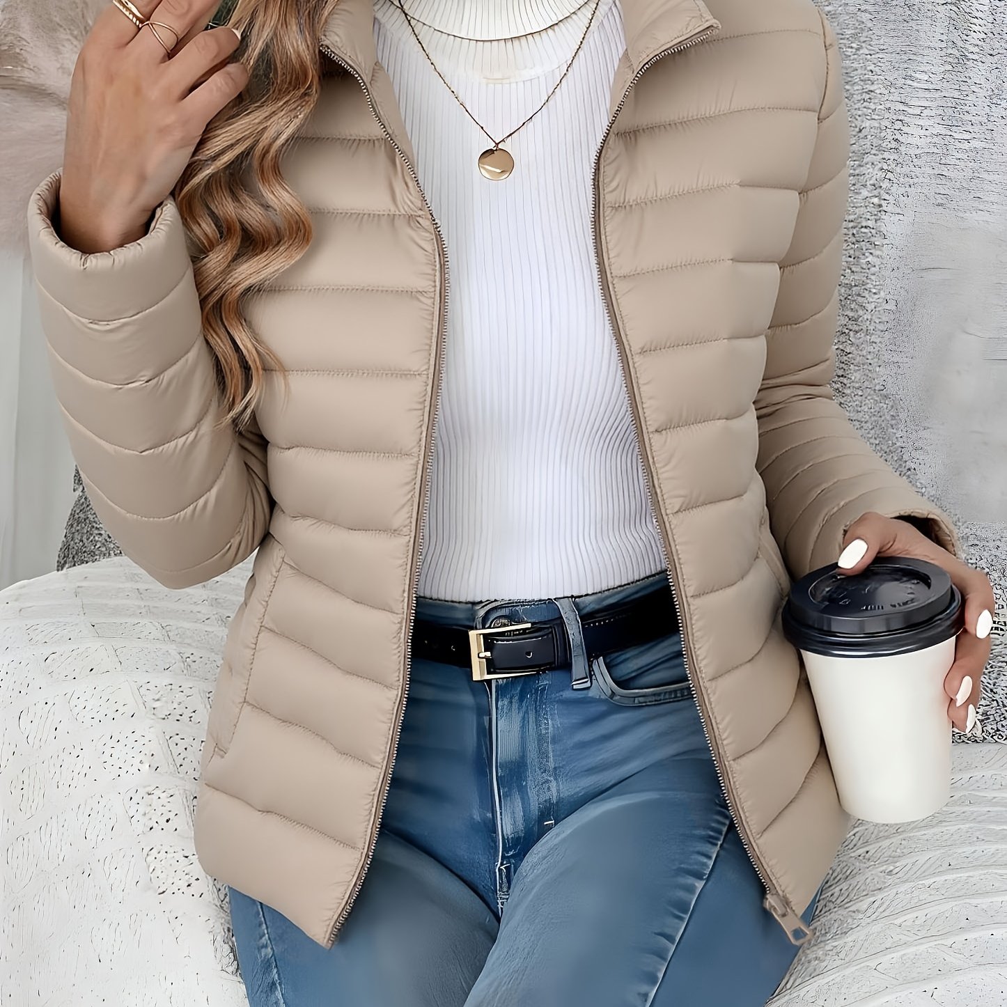 TEMU Women's Spring Slim-fit Lightweight Warm Solid Color Jacket - Elegant, Stylish, And Versatile Beautiful Jacket - Stand Collar Zipper Long Sleeve