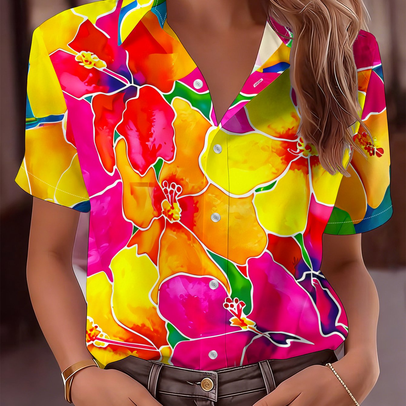 TEMU Women's Short-sleeve Button-up Shirt With Full-body Blooming Floral Print Collar - Non- Blouse-compatible Top | Machine Washable Spring Summer