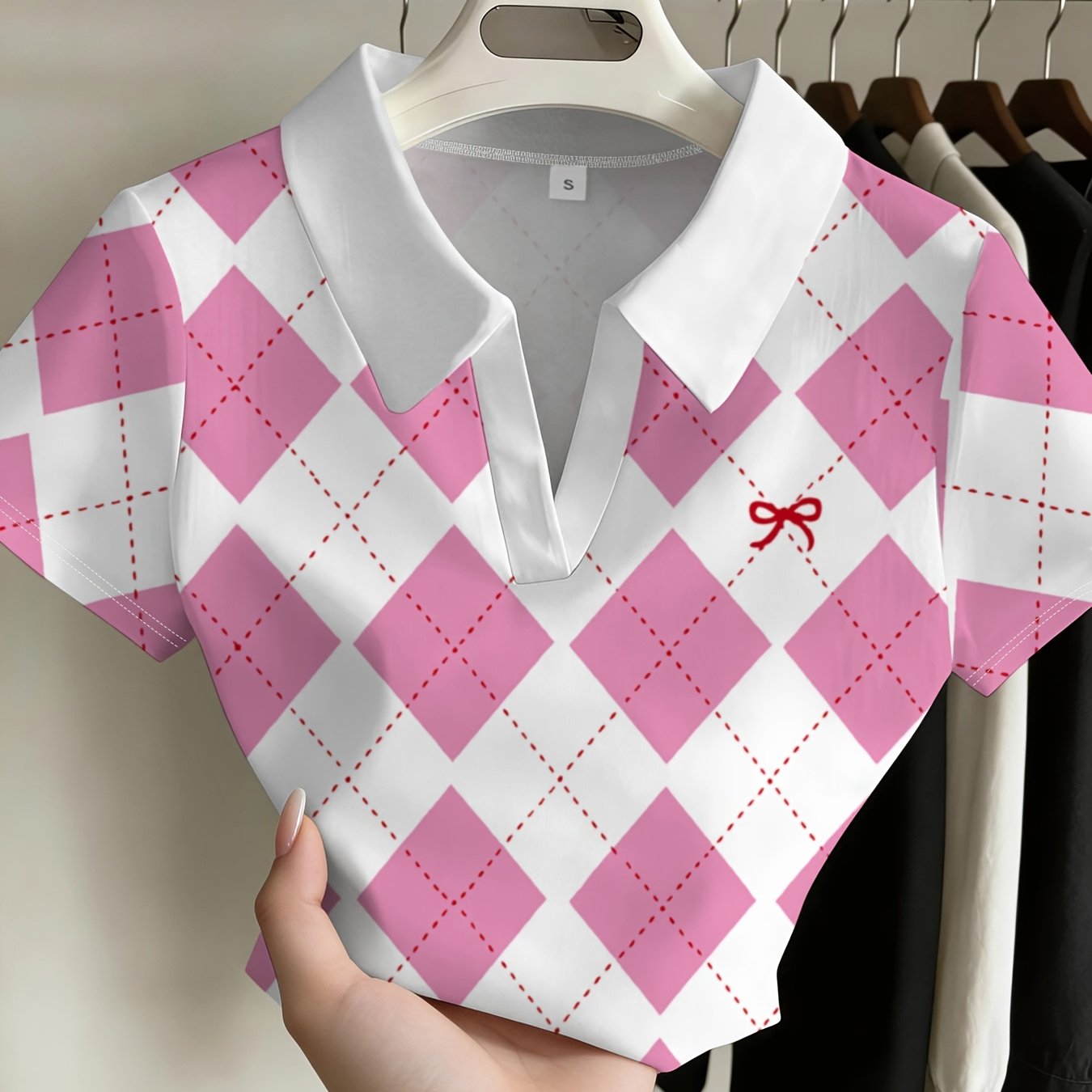 TEMU Pink Rhombus Printing Women's Shirt Fashion Casual All-matching Tops Summer New Breathable Comfortable Design Daily Wear And Match Suitable