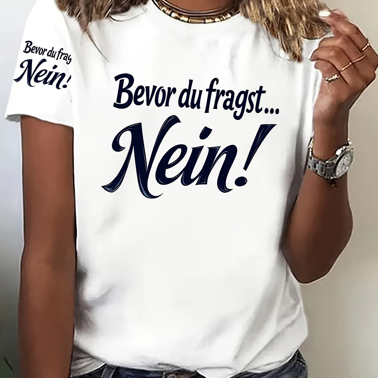 E-shop Lässiges Damen Kurzarm T-Shirt - Auffälliger " du fragst, Nein!" Buchstaben-Print, Atmungsaktives Mischgewebe, Rundhalsausschnitt,