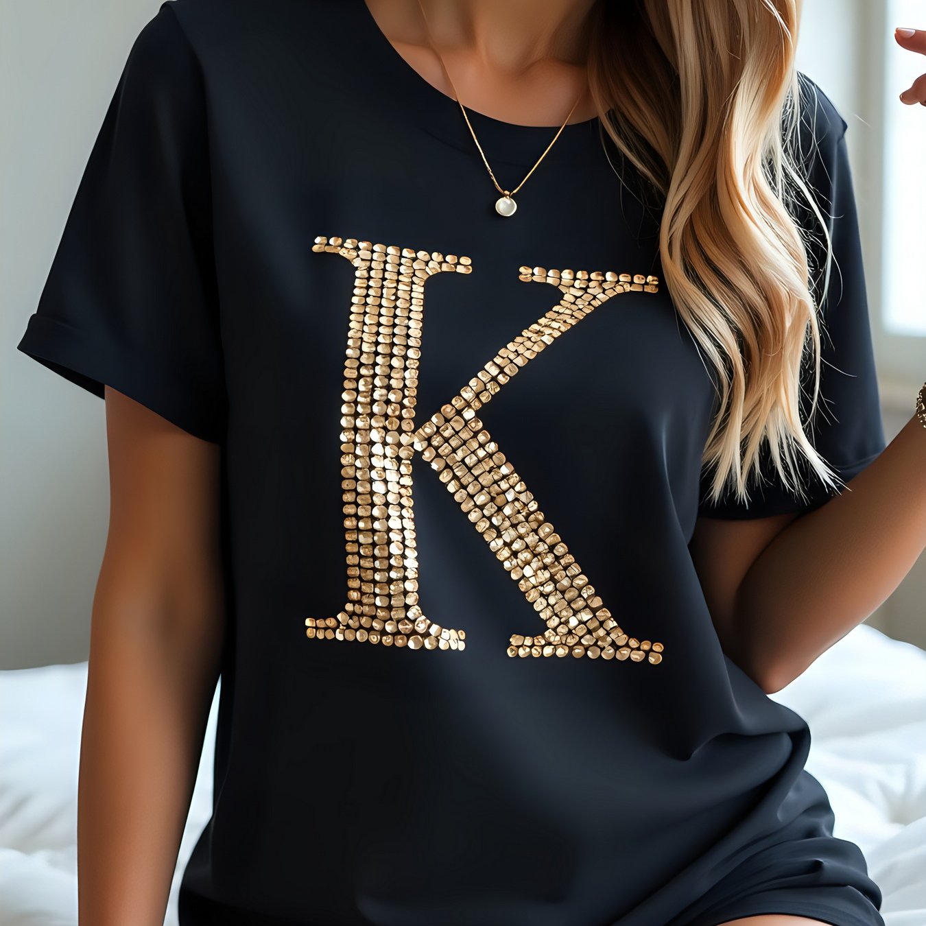 Image of Women' 100% Cotton Lightweight 180gsm Short Sleeve T-shirt With Golden Rhinestone Print, Breathable Round Neck Casual Summer Top, Ruched Hem & Smooth Texture For Stylish Casual Attire