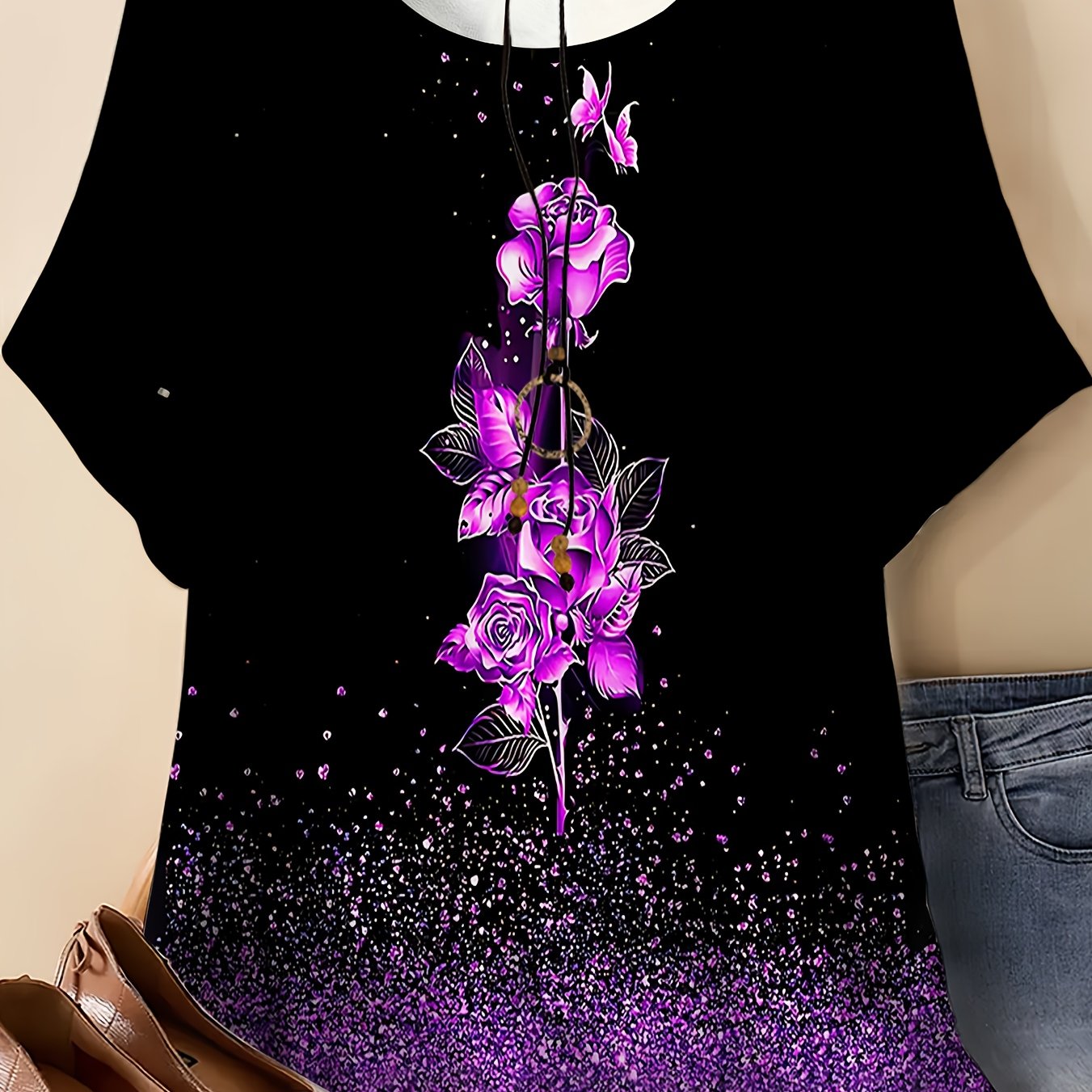 TEMU Women's Plus-size Round-neck T-shirt, Featuring A Solid With Purple Roses And Gradient Glitter Textures. Its Mysterious And Luxurious Style