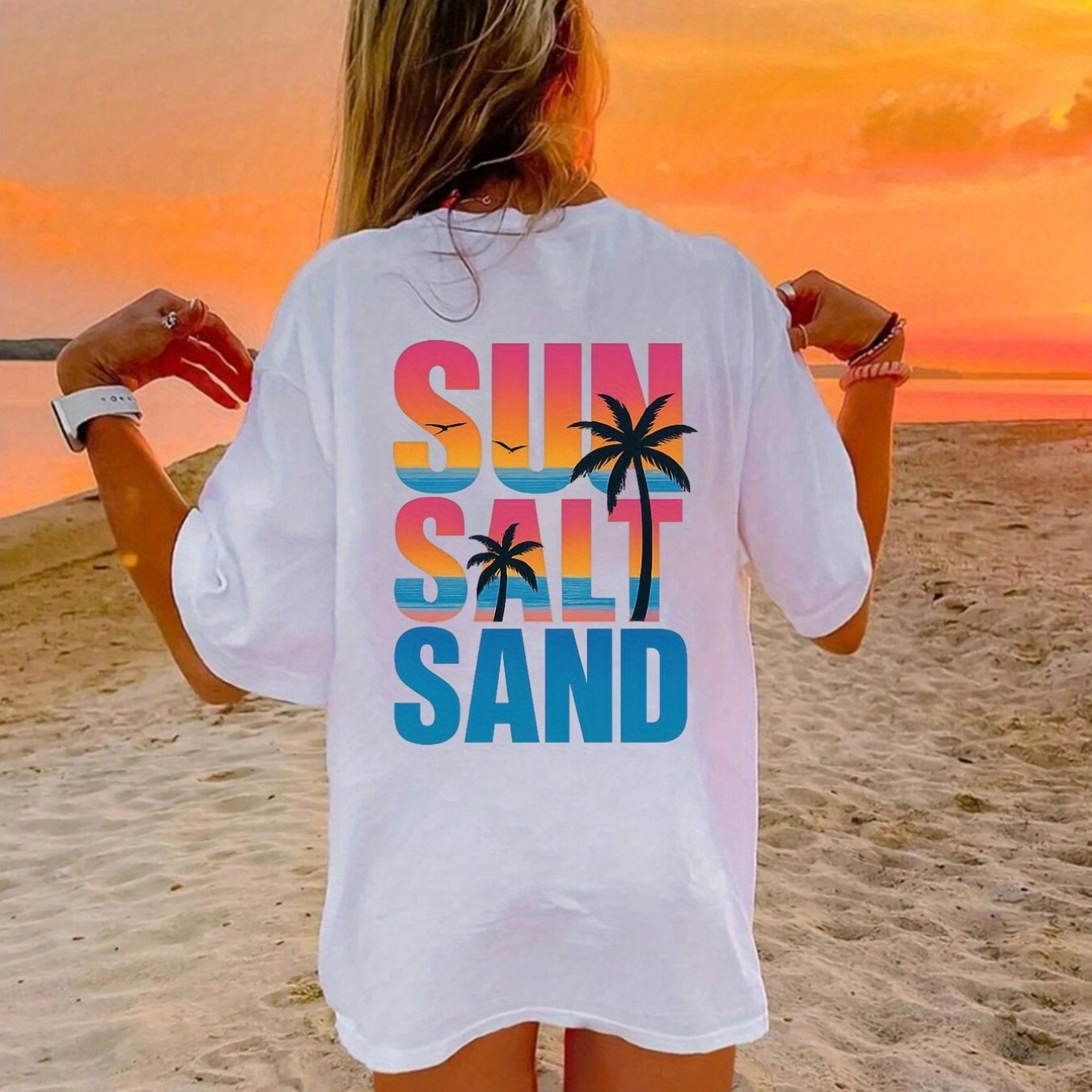 E-shop SUN, SALT Print T-Shirt Kurzarm Rundhalsausschnitt Freizeit Top für Sommer Frühling, Damenbekleidung