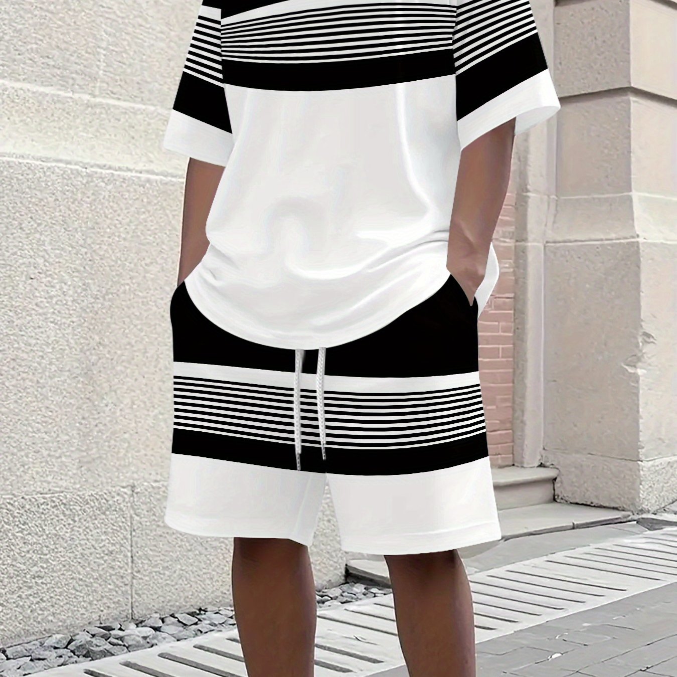 TEMU 2pcs Men's Black And White Striped Color Matching Set, Round Neck Short Sleeved T-shirt+drawstring Shorts 2pcs Set, Simple Striped Decoration,