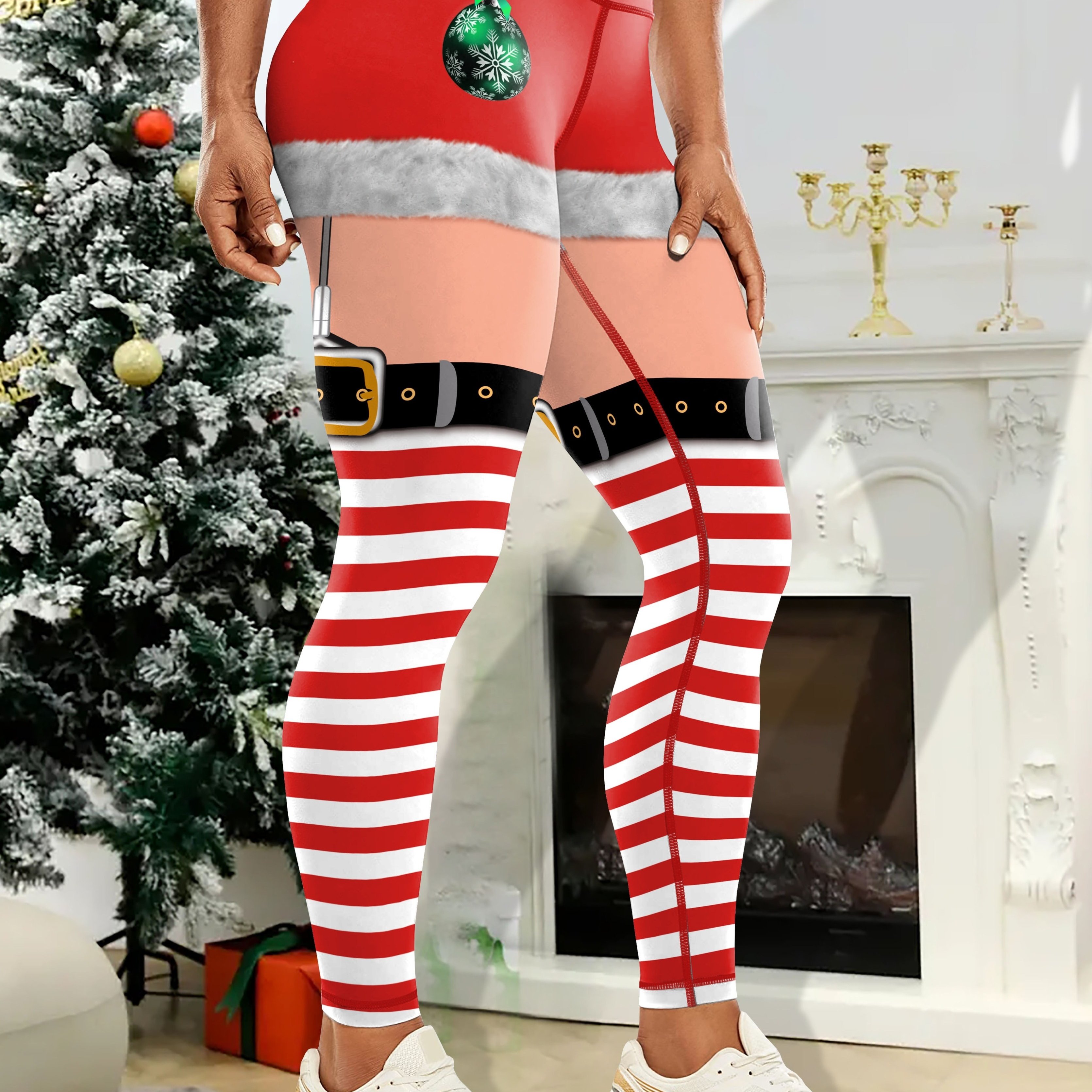 Christmas Color Block Print Running Yoga Leggings, High Waist Hip Lifting  Workout Sports Pants, Women's Activewear