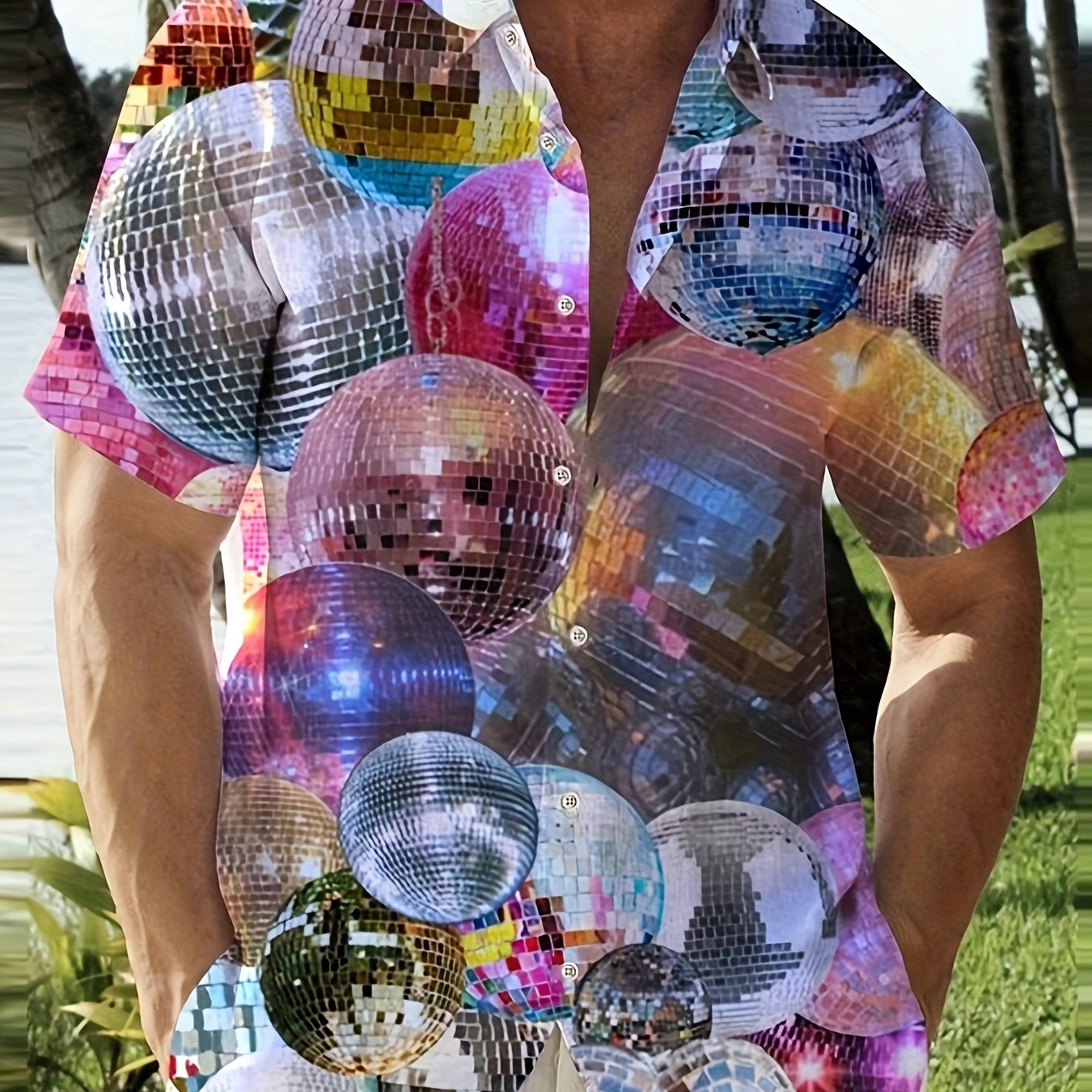 TEMU Men's New Short-sleeve Shirt For 2026, Featuring Colorful Disco Ball Patterns, Embodying And Retro Style, Parties, Music Festivals, Or