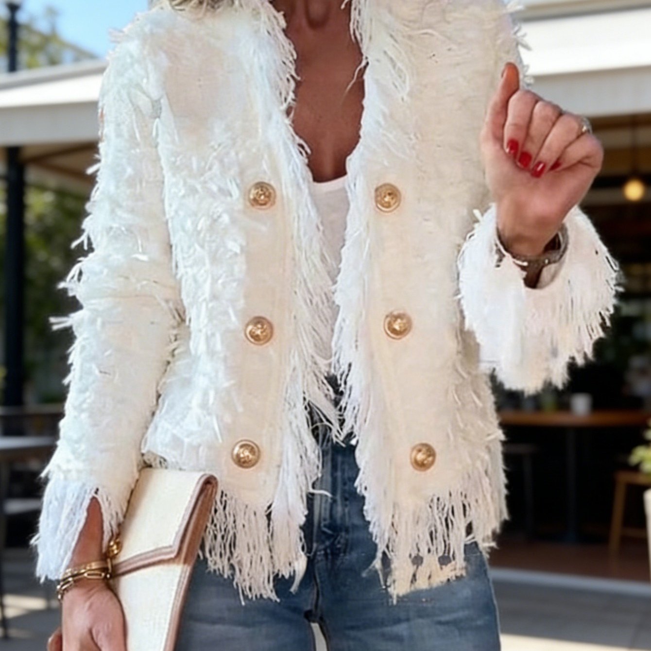 TEMU 2026 Elegant Signature Design Women's Fringe Short Jacket With Metal Button Closure - Perfect For Daily Wear, Office & Party