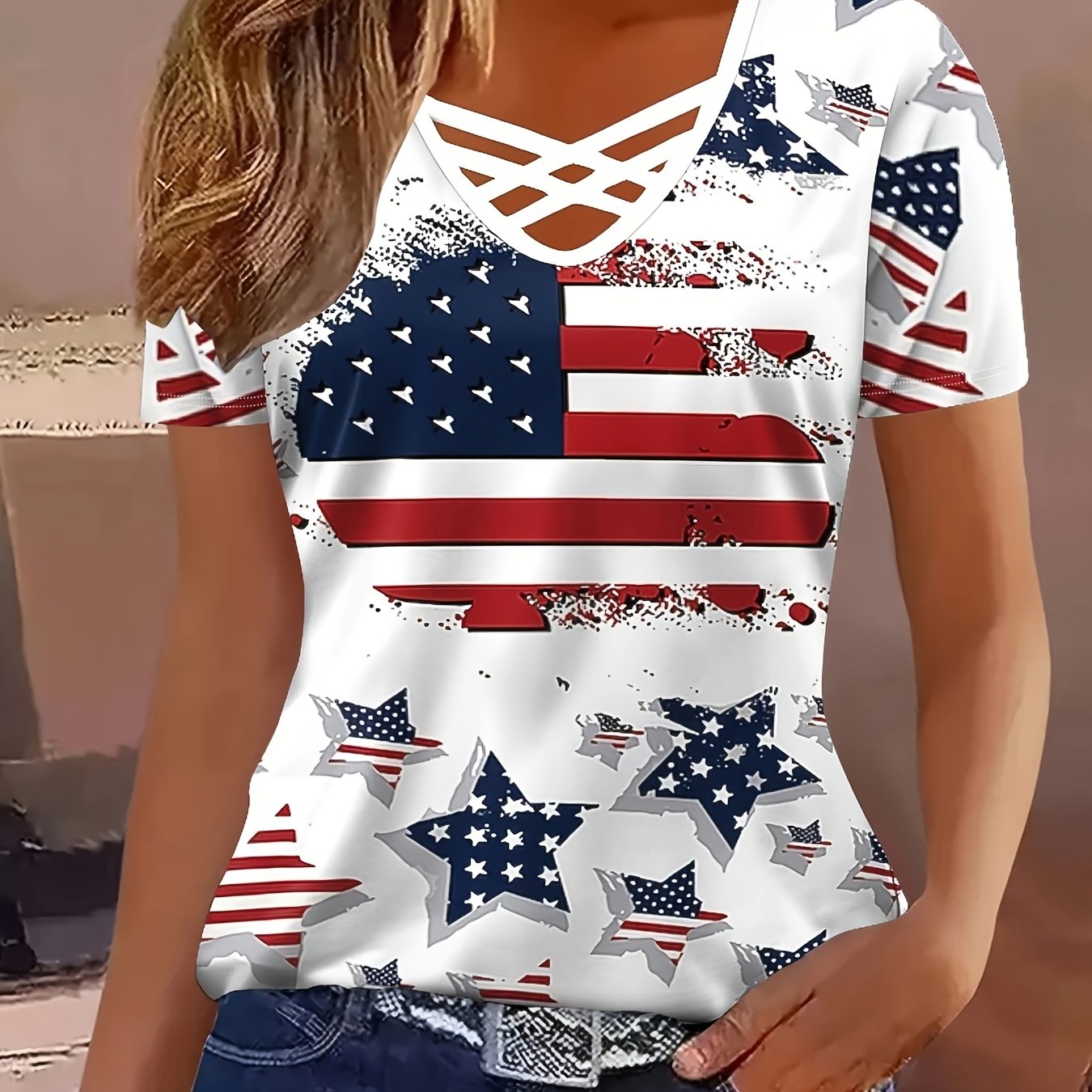 TEMU Standard Size Women's Fashion Cross-strap Printed T-shirt