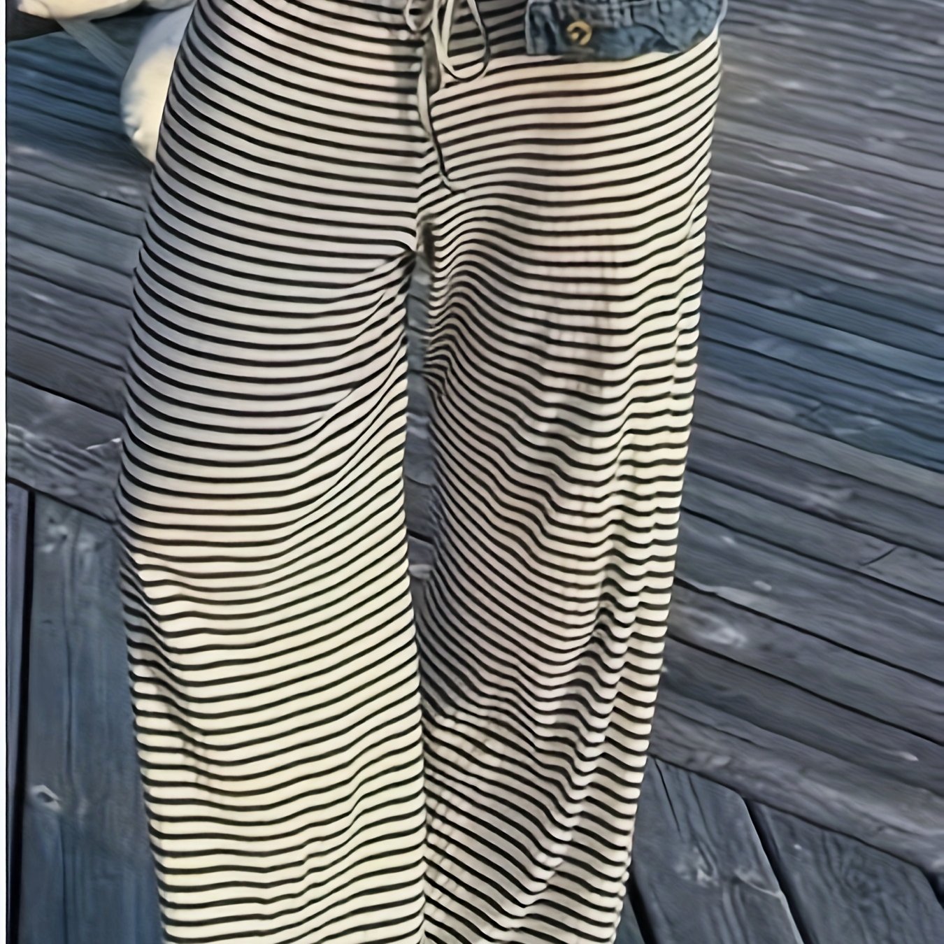 High-waisted Striped Casual Pants With Drawstring, Loose Straight-leg, Floor-length Trousers For Women