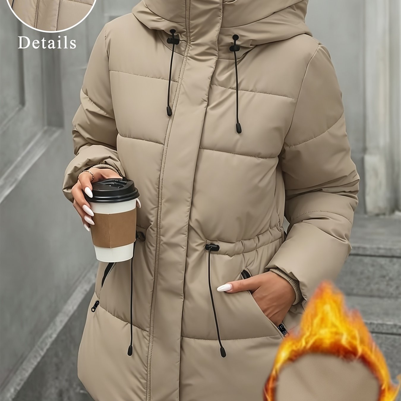 TEMU Women's Drawstring Waist Hooded Warm Jacket, Zip Up Quilted Padded Regular Length With Zipper Side Pockets, Adjustable Hood Windproof Slim Fit