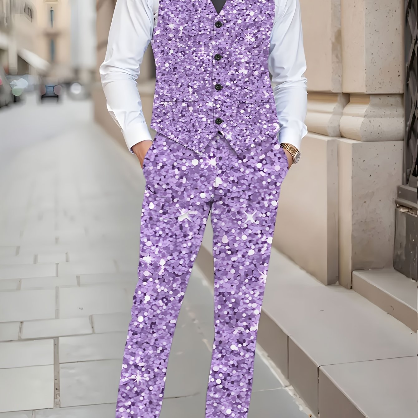 TEMU Printed Design â Not Textured Men's 2pcs Vest   Trousers Set, Shimmering Print Full Set Vest With Sequin Elements, Men's Vest Set, Purple Casua