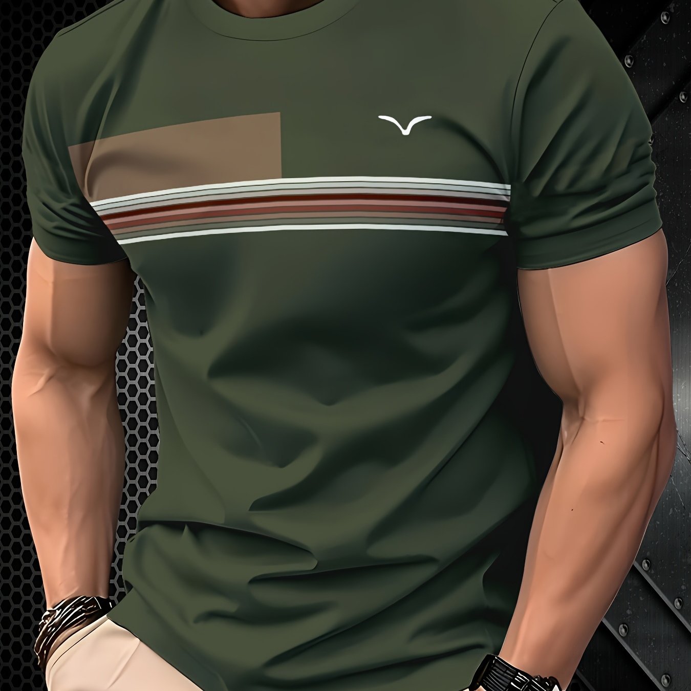 TEMU Men's Casual Summer T-shirt- Round Neck, Short Sleeve, 3d Printed Color-, Olive Green With White And Orange Stripes, Machine Washable, Casual