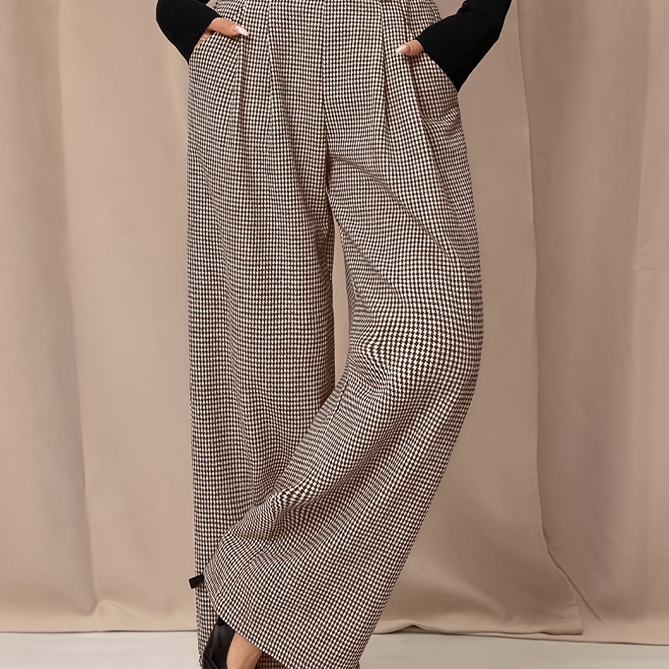 TEMU Pantalon décontracté à carreaux à jambe droite avec poches pour femme, , coupe slim vintage, tenue de travail décontractée de bureau, convient